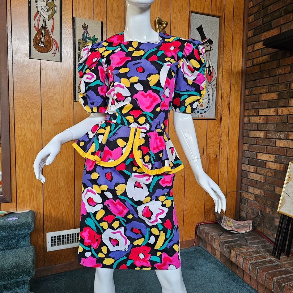 Vintage 80s Abstract Floral Postmodern Dynasty Cocktail Party Wiggle Dress S/M