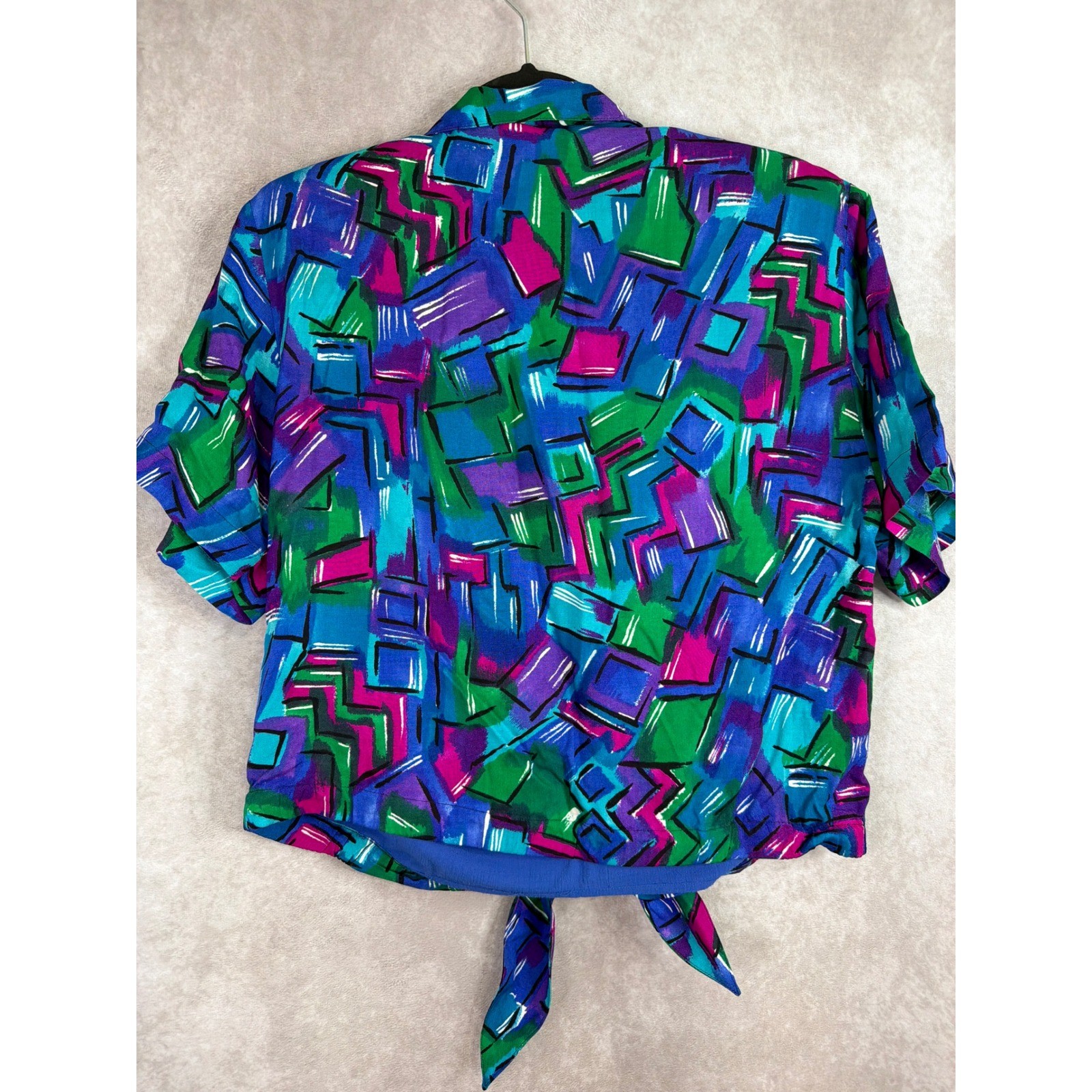 VTG 90s Koret Blouse Womens Small Multicolor Geometric Abstract Tie Front Rayon