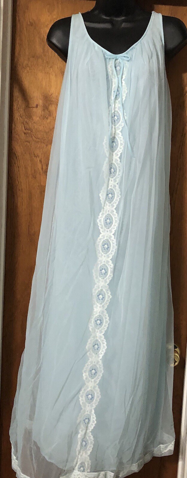 NWT Vintage Miss Elaine Peignoir Nightgown Set Blue White Lace Gold Label Long