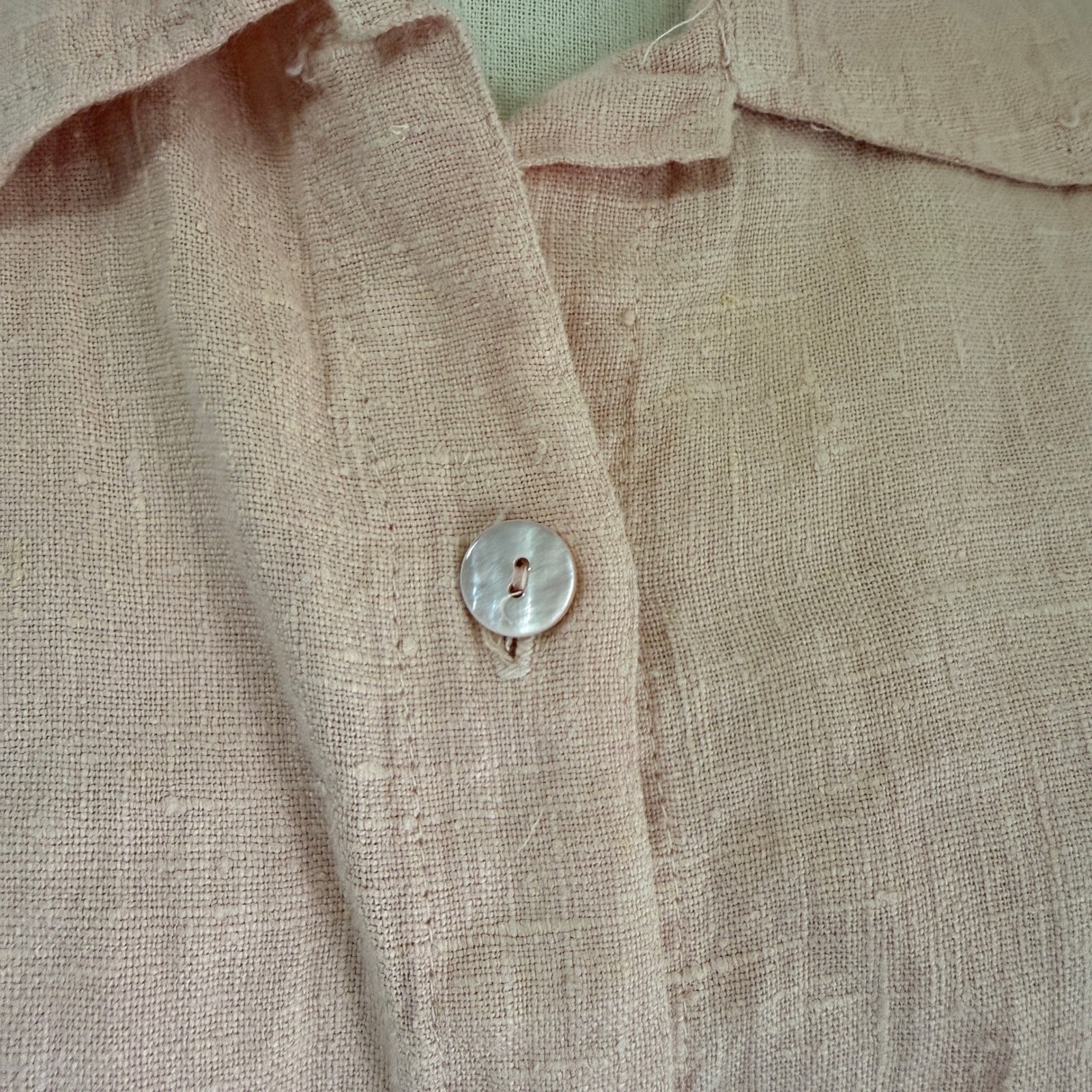 Clio Vintage 90s Linen Button Down Shirt Light Pink Short Sleeve Womens Medium