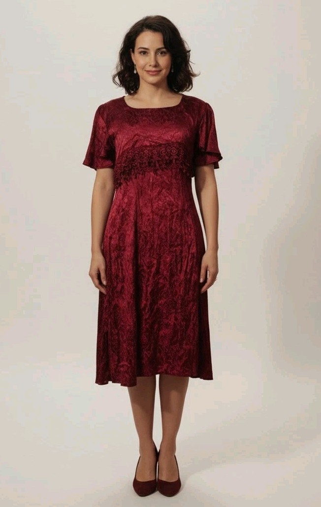 Vintage JODY California Merlot Floral Satin Tie Back Dress w/ Crochet Trim – S 7