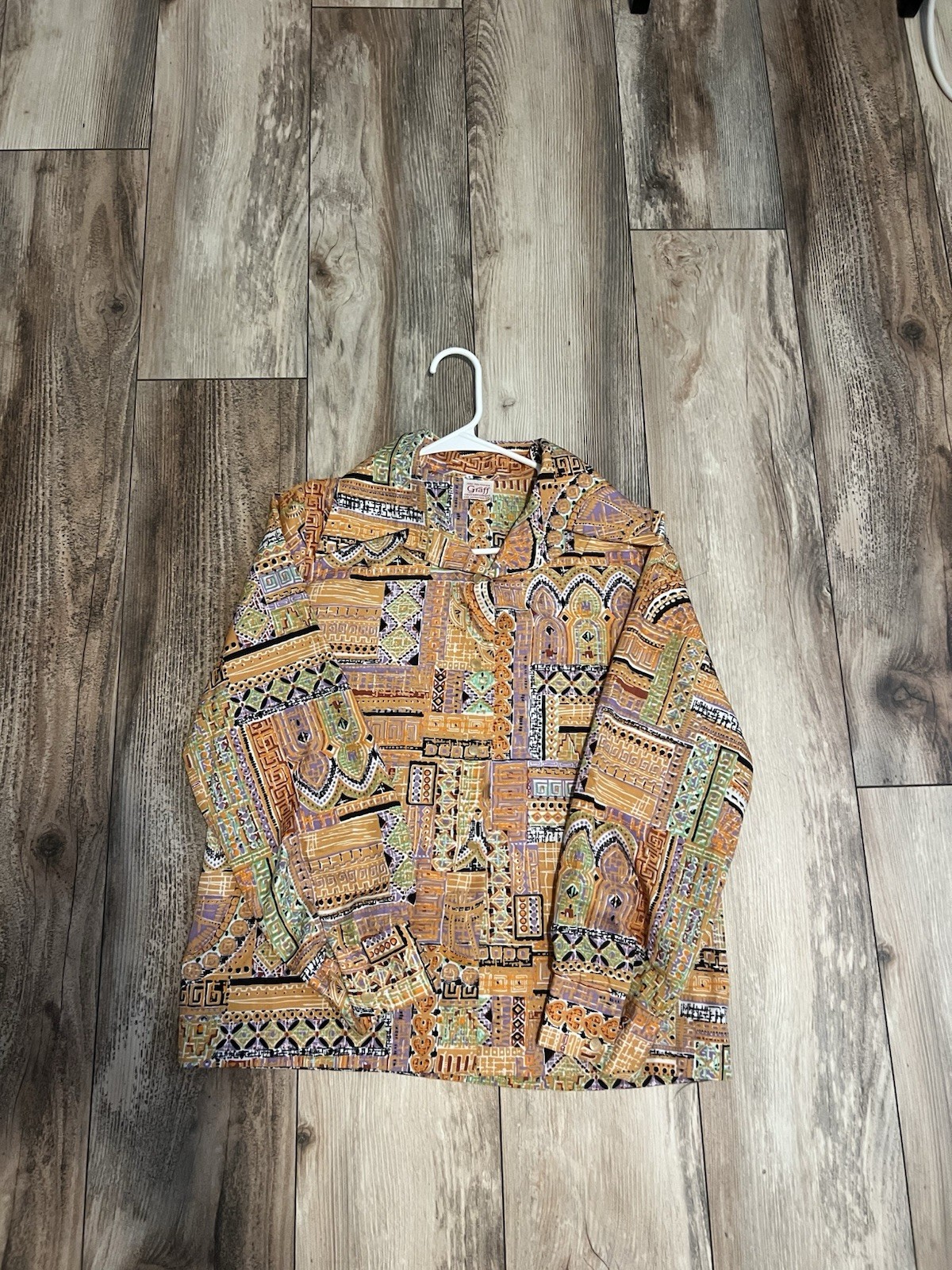 Vintage Graff 60s 70s Psychedelic Top – Geometric Multicolor Long Sleeve Size M