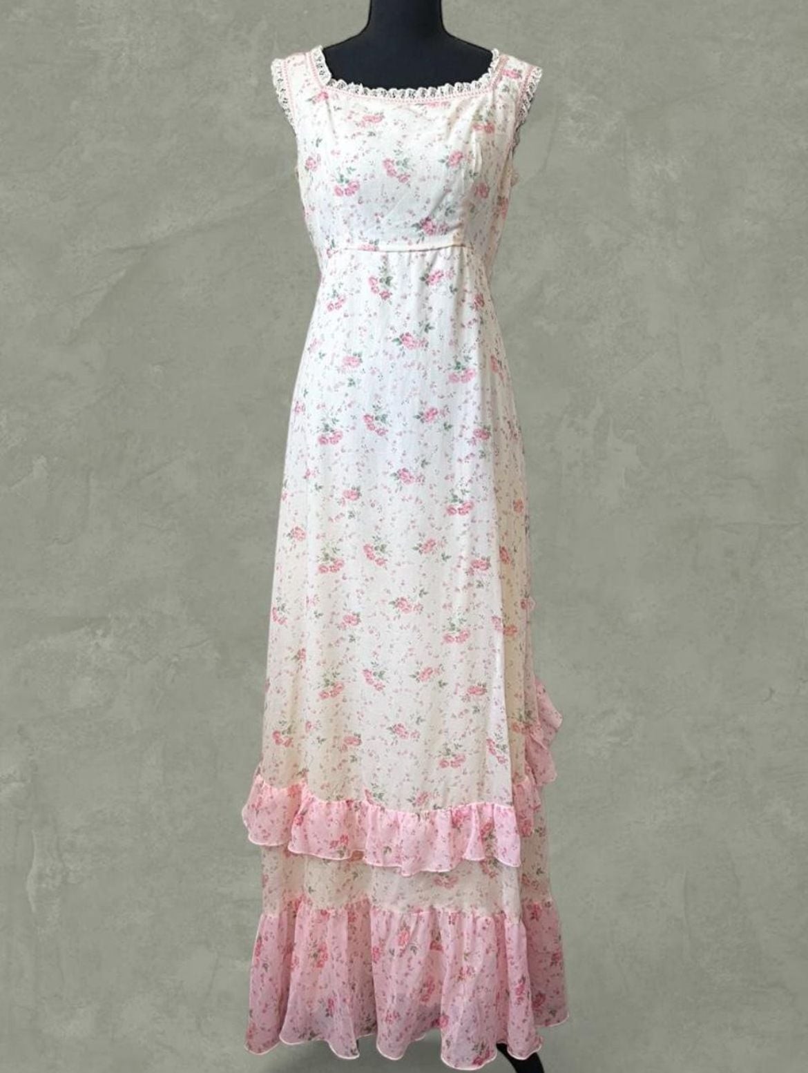 Sylvia Ann Vintage 1970s Floral Prairie Maxi Dress with Ruffles and Bow Back