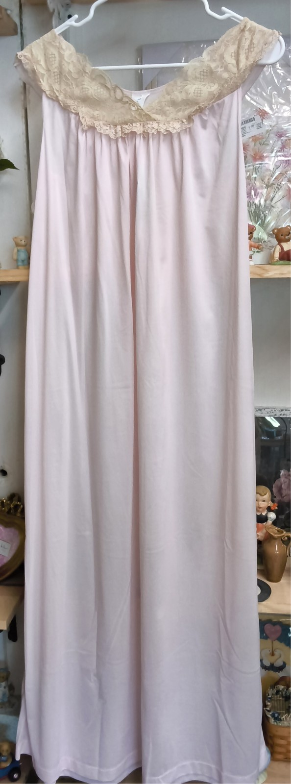 vintage pink long nightgown with lace neckline, size medium, philmaid brand