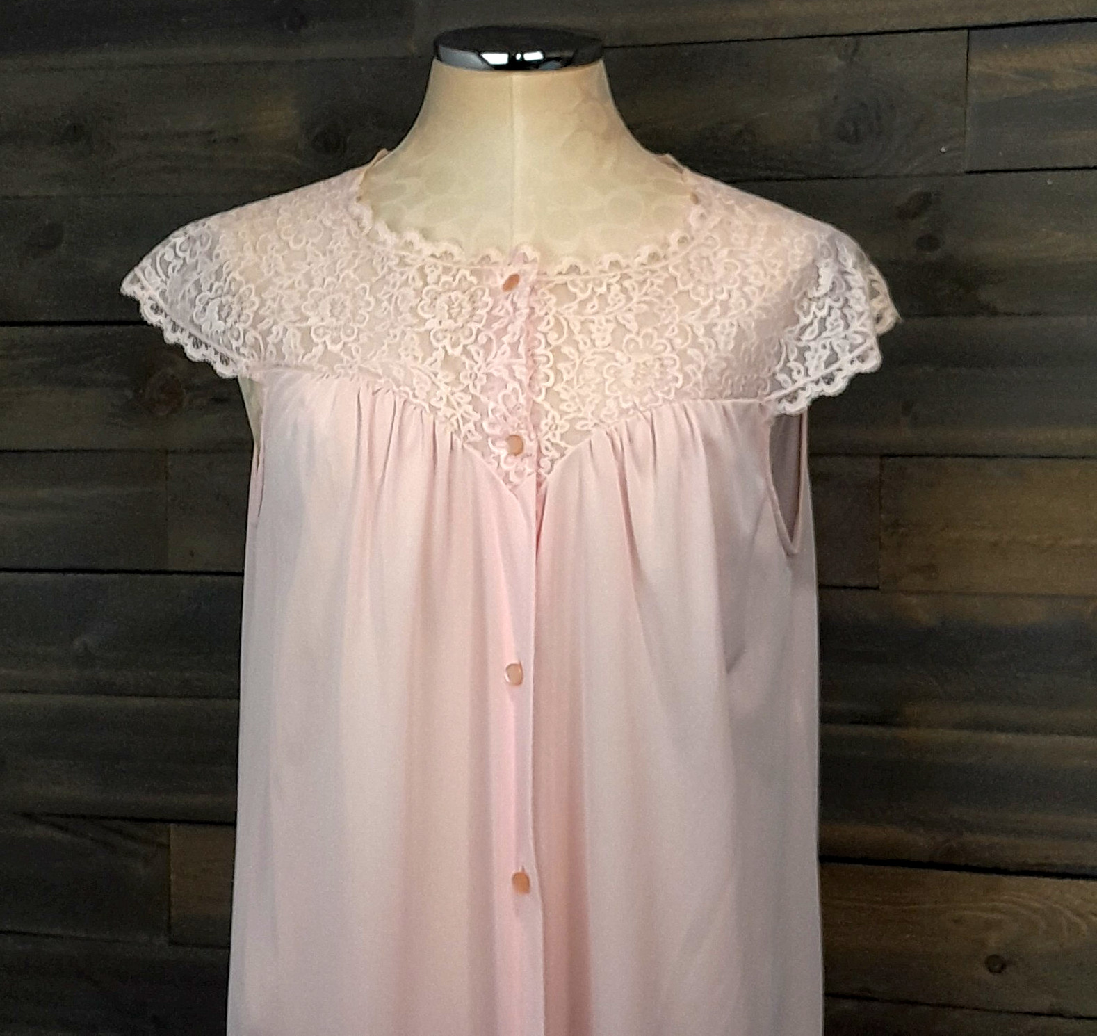Formfit Rogers Nightgown Womens M 12/14 Pink Sheer Lace Button up 60&rsquo;s Vtg USA