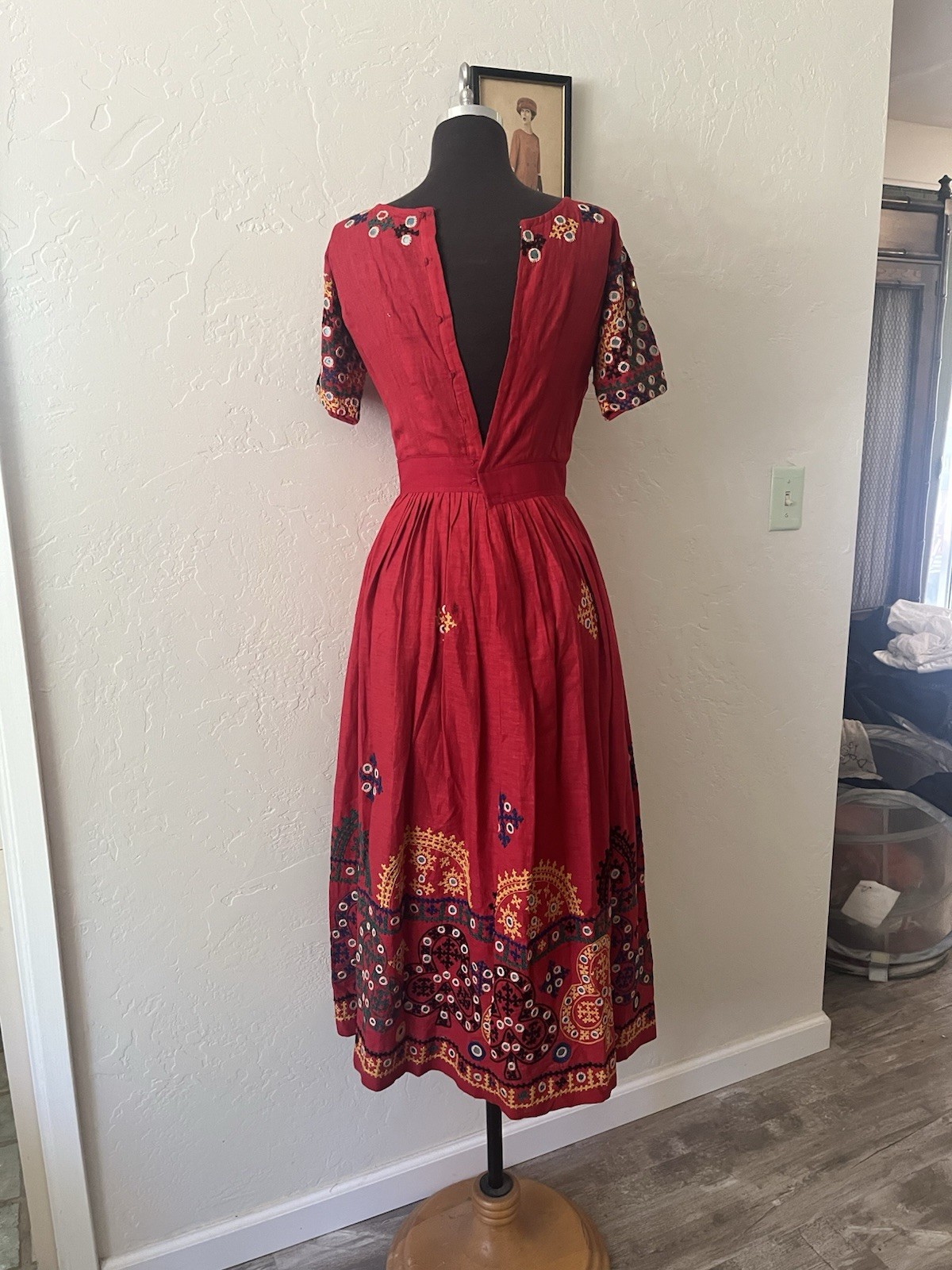 Red Vintage Cotton Dress with embroidery and mirrors, Indian