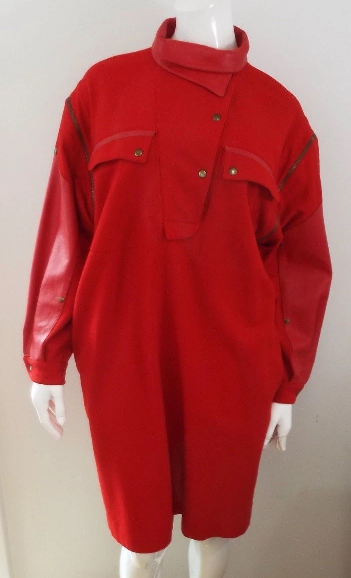 Vintage 1980s Claude Montana Red Wool & Leather Dress S/M Long Zip Off Sleeves
