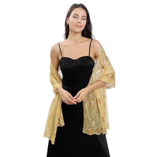 Women shawls and wraps for evening dresses, Sequin Sheer Lace Champagne Gold