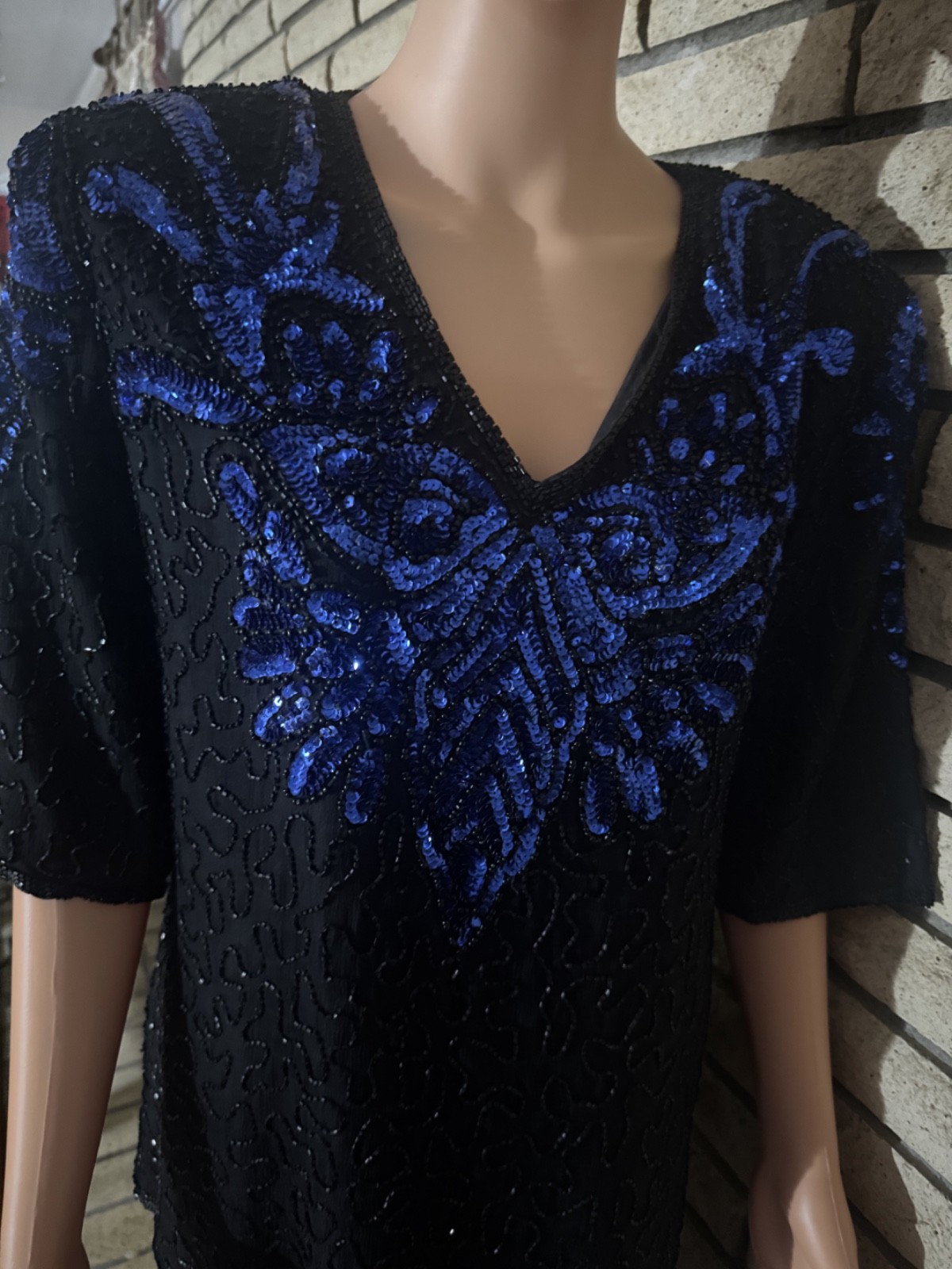 80&rsquo;s Silk Sequin Blouse Vintage disco top party oversized women size M