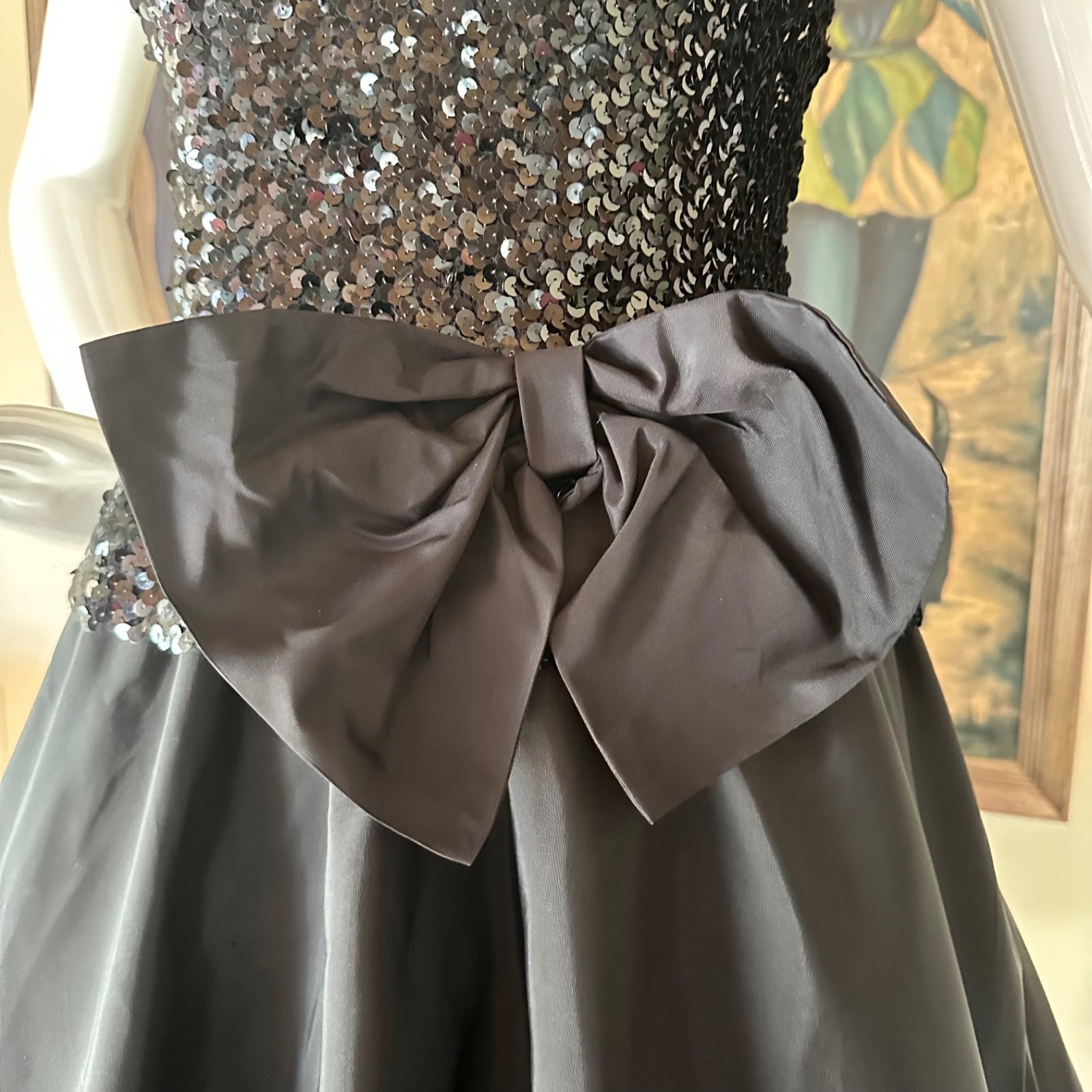 Vintage 1980s Goth Black Sequin Taffeta Party Prom Dress Fit Flare 50s Style M/L
