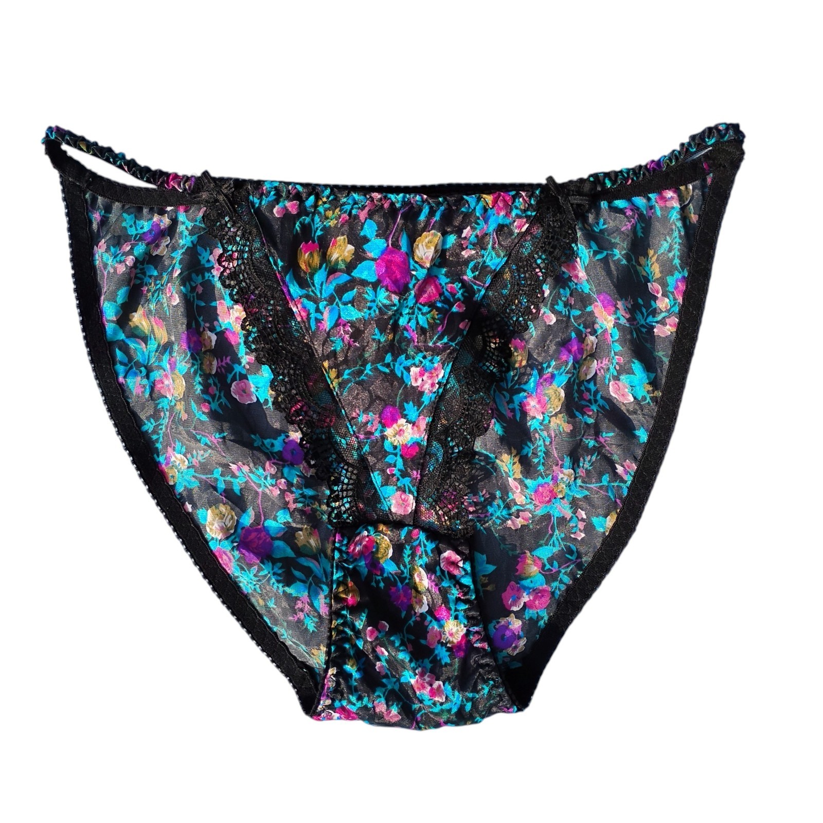 Vtg L/7 Floral Print Embossed Satin w/Lace String Bikini Panties Hong Kong