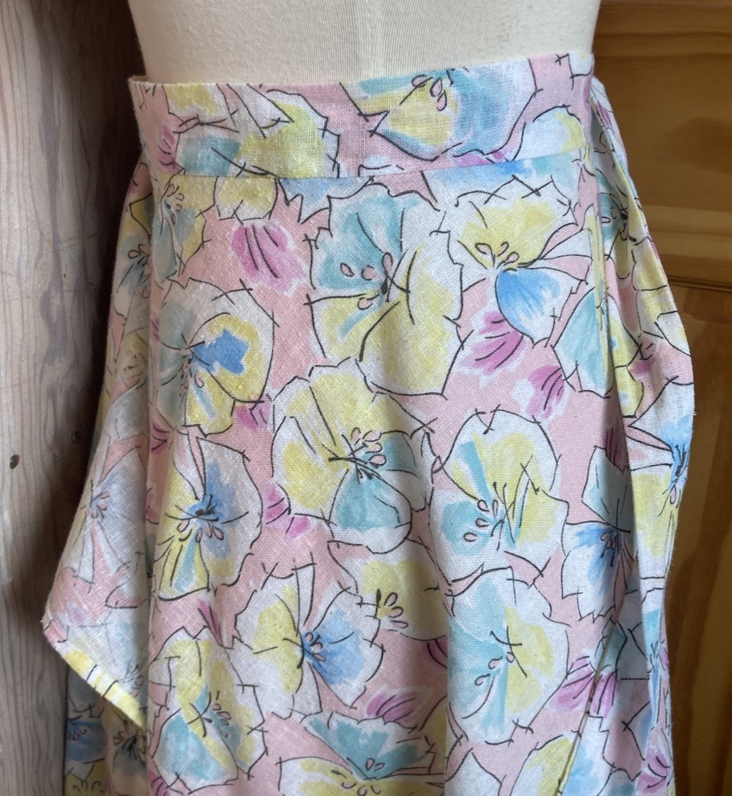 70s Vintage Handmade High Waisted Wrap Skirt S/M Linen Cotton Pastels Floral EUC