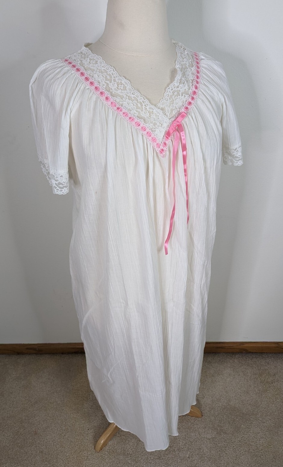 Vintage White cotton Lace Short Sleeve Long Night Gown Pink Ribbon Women&rsquo;s L D2S