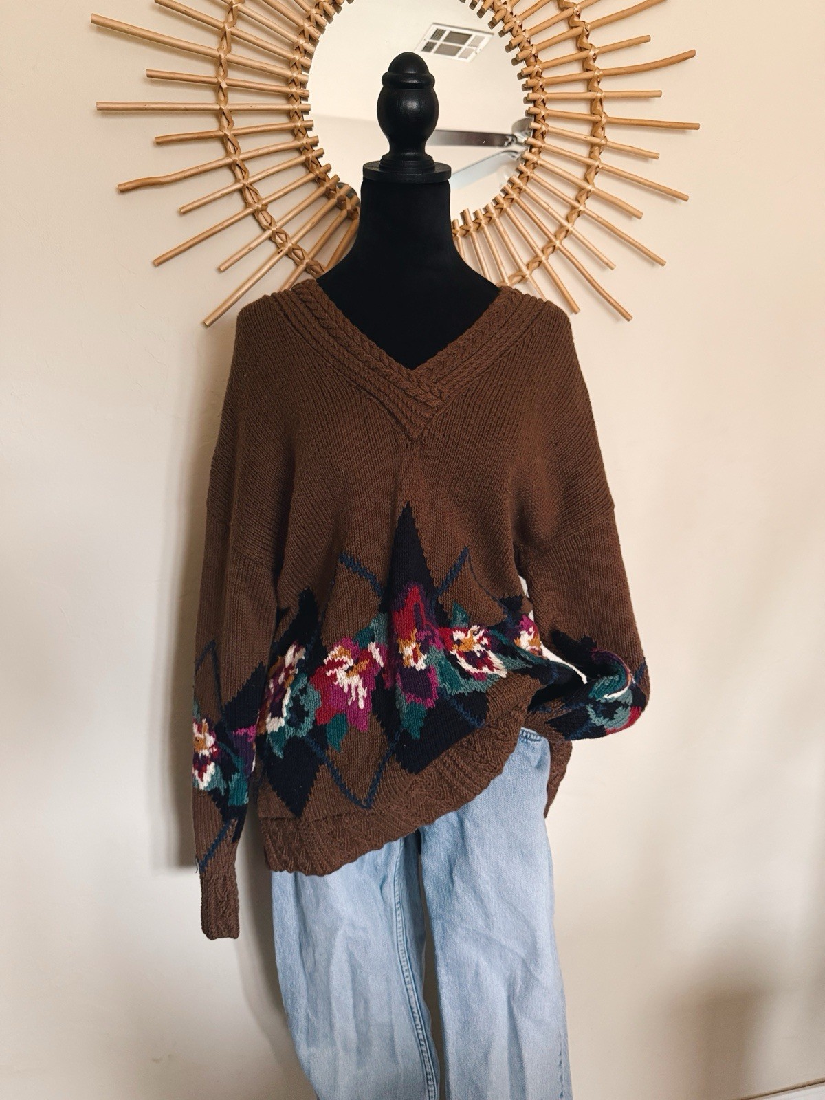 Vintage 1980/1990s Harold’s Floral Knit V Neck Sweater Size S/M 100% Cotton