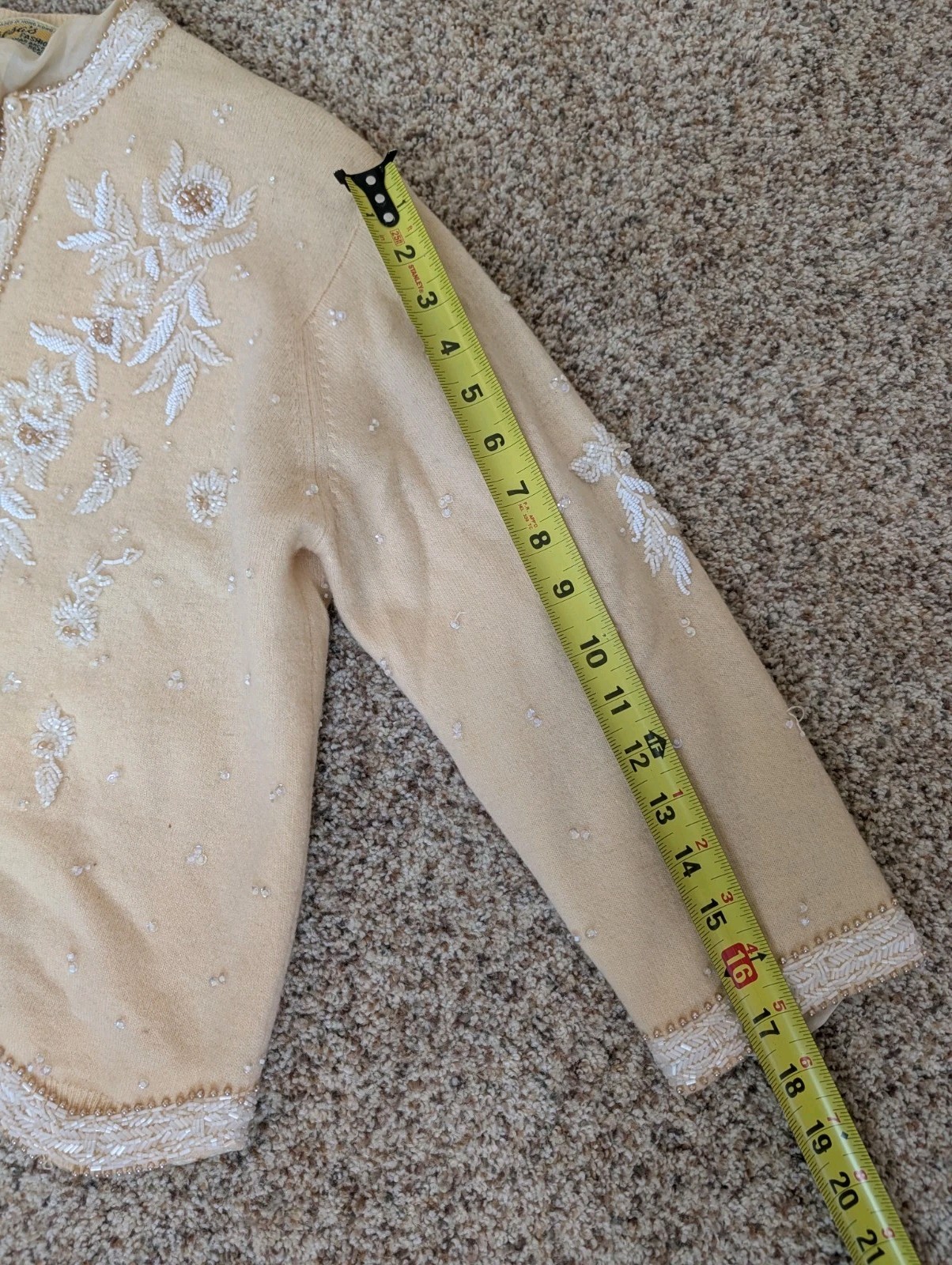 Vintage 1950s Hand Beaded Cardigan Cream With White Floral Beading Size Small