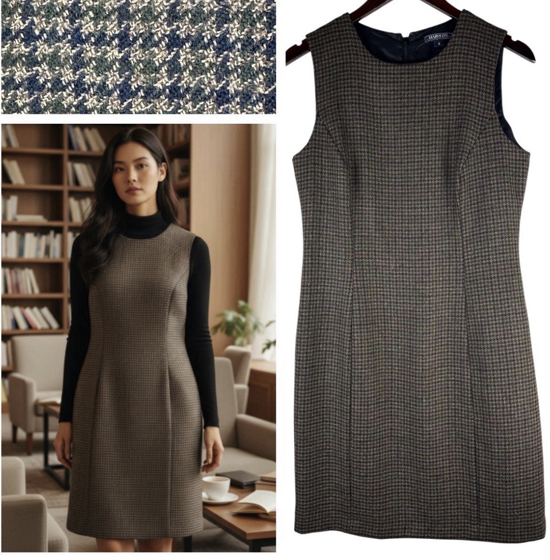 Harold’s Vintage 100% Wool Brown Houndstooth Dress Lined Size 8