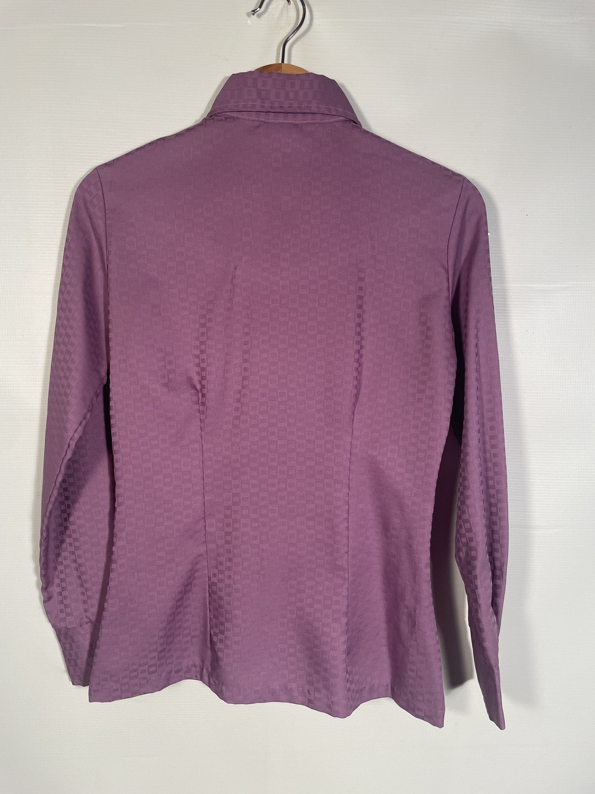 Vitg 70s Dagger Collar Damask Weave Geometric Print Tailored Purple Blouse Sz S