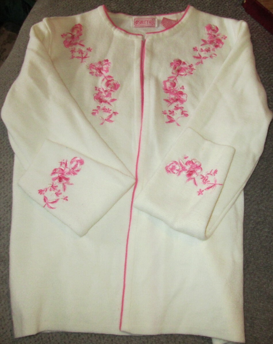 vintage embroidered Ashley sweater size medium white with pink flowers