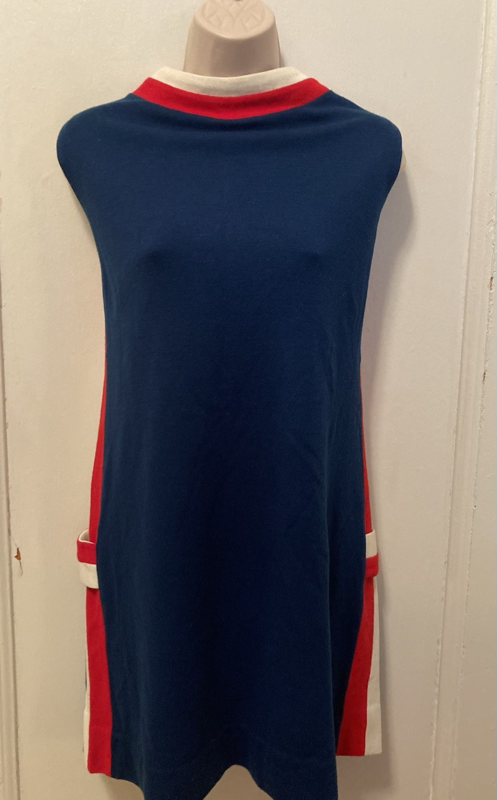 Vintage 1960s 70s Space Age Knit Ringer Stripe Scooter Mod Go Go Red Wh Blue L