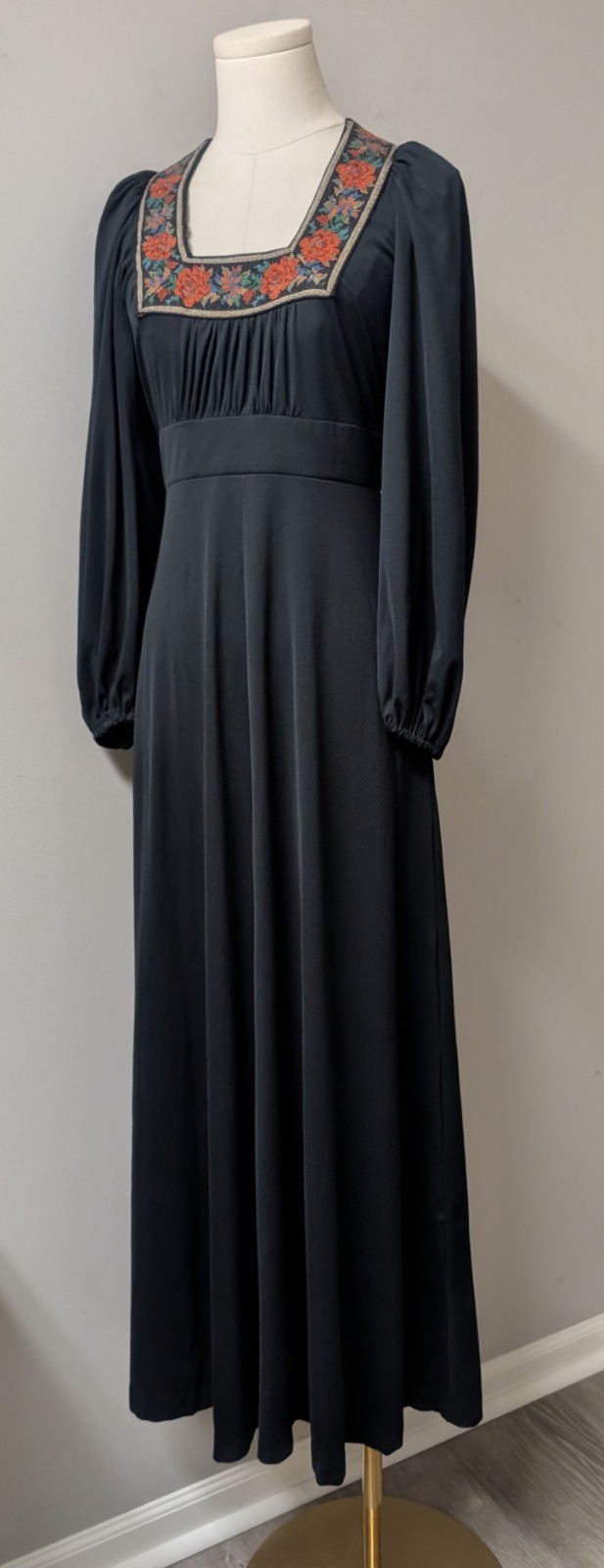 Vintage 70&rsquo;s Empire California Holiday Jersey Maxi Boho Dress Tapestry Trim XS/S