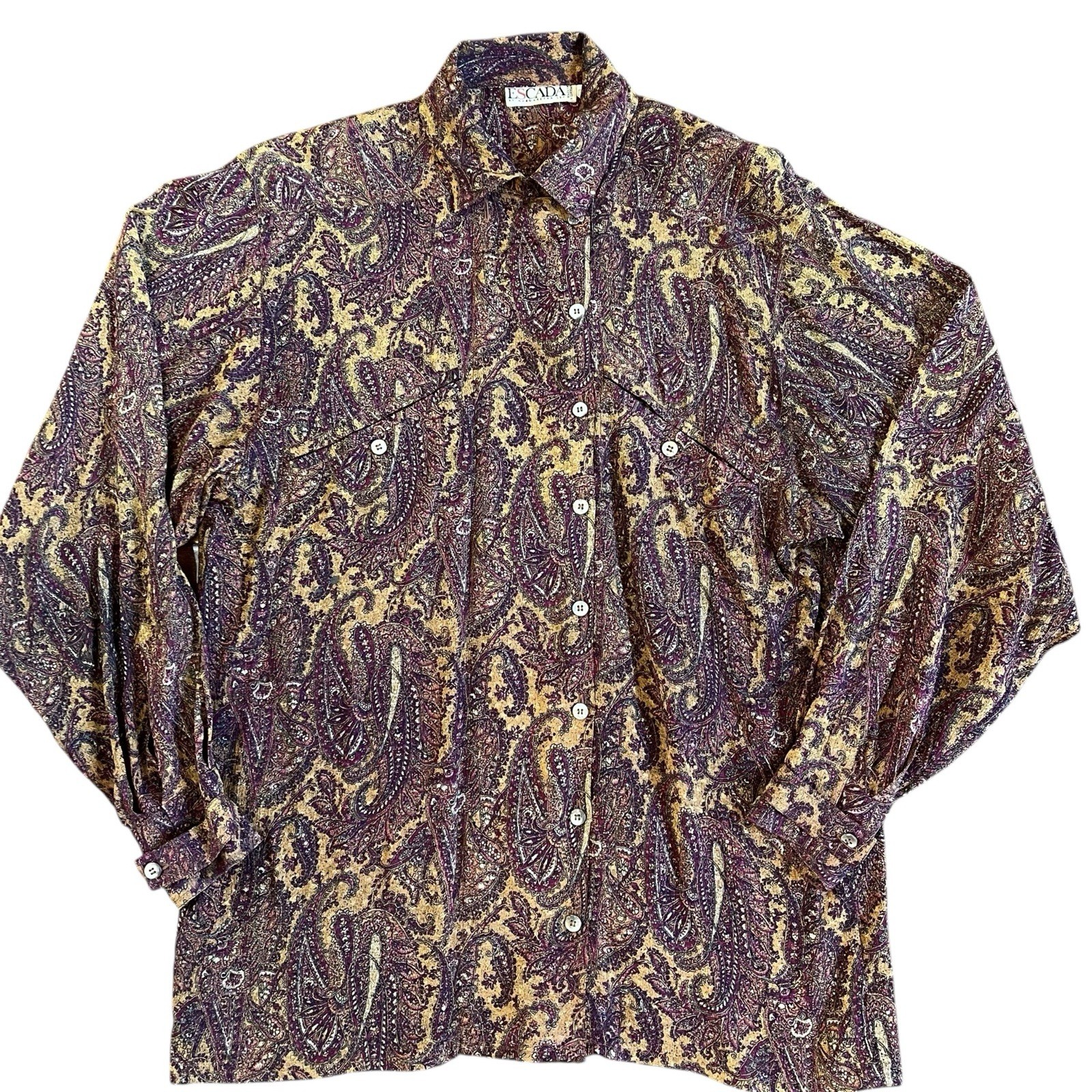 VTG Escada Size 38 Silk Blouse Margaretha Ley Top Paisley Print Button Front