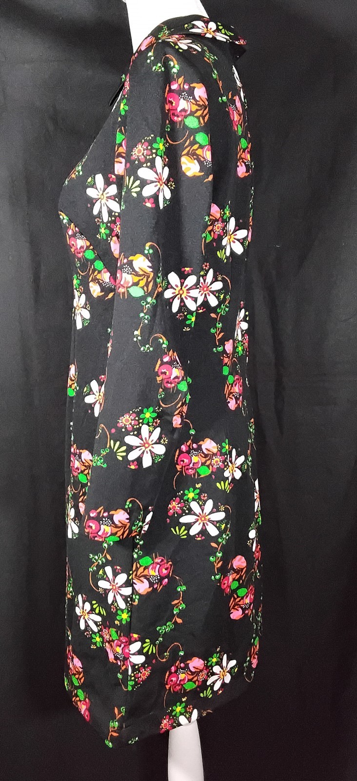 Vintage 70s Unbranded Shift Midi Black Floral Dress Long Sleeves Sz M/L USA