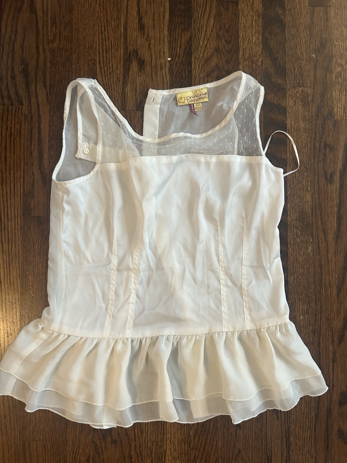 Princess Charmin’ Vintage White Camisole XS Sheer Mesh Yoke Ruffle Hem Buttons
