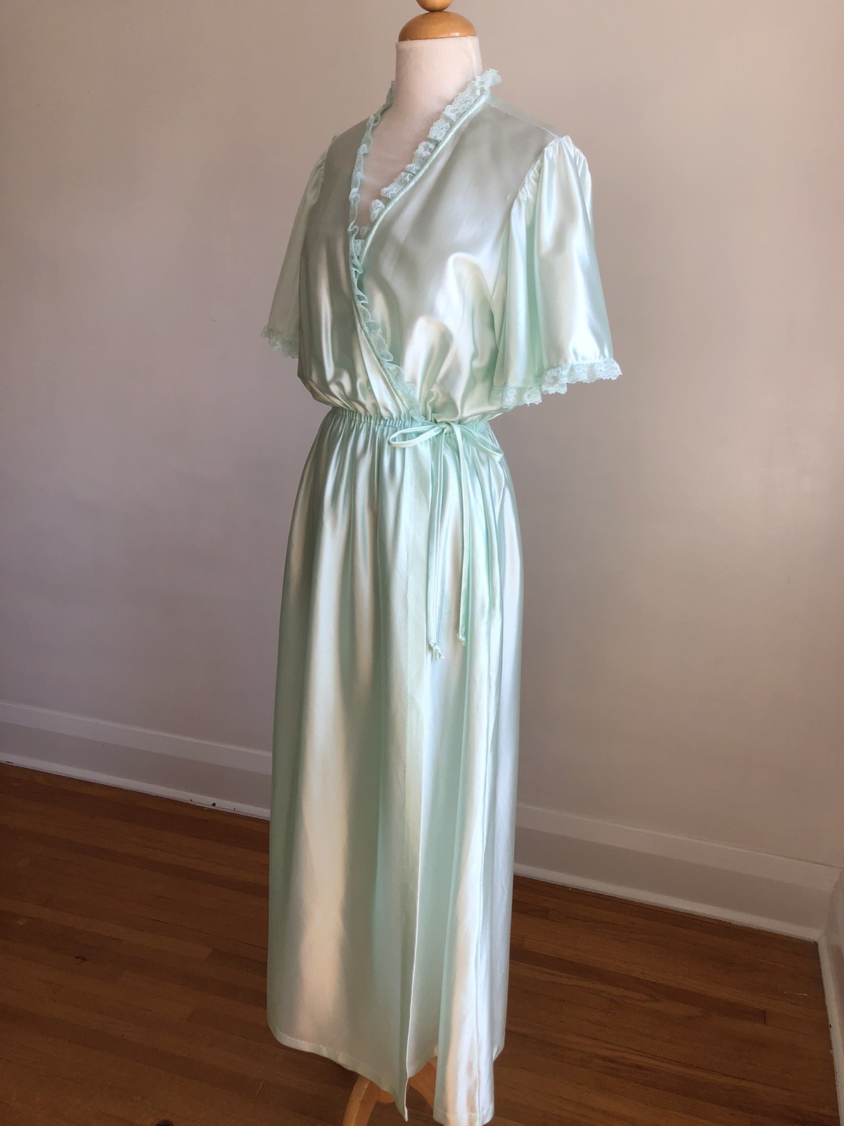 GORGEOUS VTG VAL MODE Blue Lacey Full-length Robe Dressing Gown Lingerie SZ M