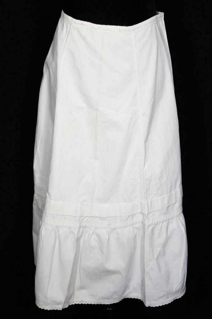 RARE ANTIQUE FRENCH EDWARDIAN WHITE COTTON PETTICOAT SKIRT 29&Prime;-30&Prime; WAIST 31&Prime;L