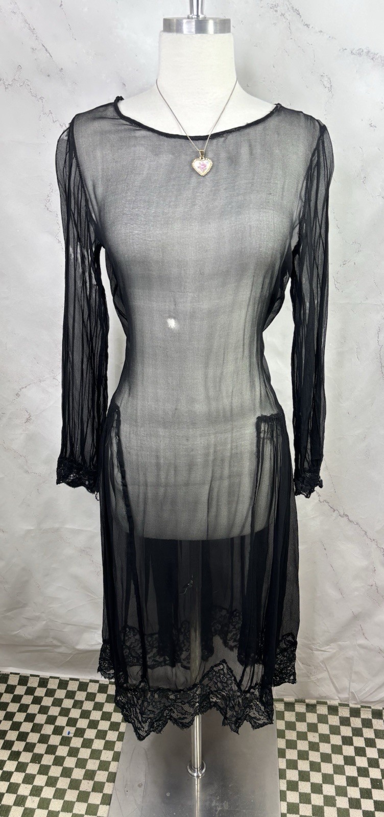 Antique 1920s Black Sheer Silk Chiffon Drop Waist Dress Art Deco Glam Vintage M