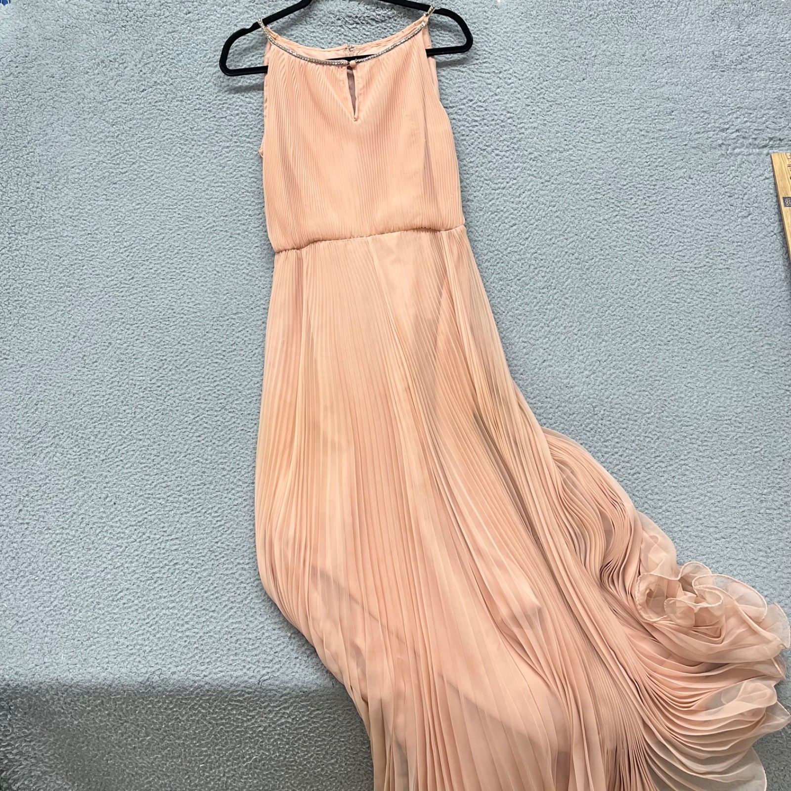 Vintage Miss Elliette Dress Womens M Blush Pink Rhinestones Grecian Accordion