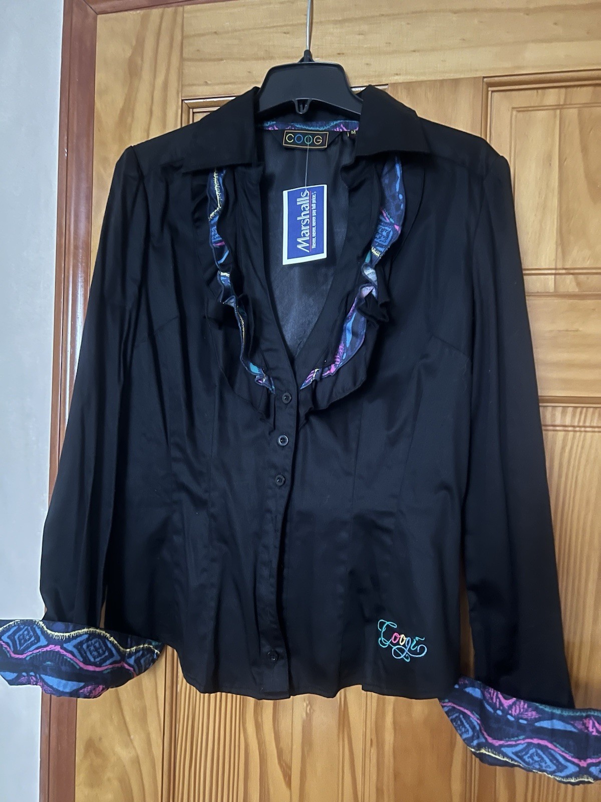 COOGI Vintage 90s Women’s Nave Blue Multi Color Frills Shirt Size M NWT