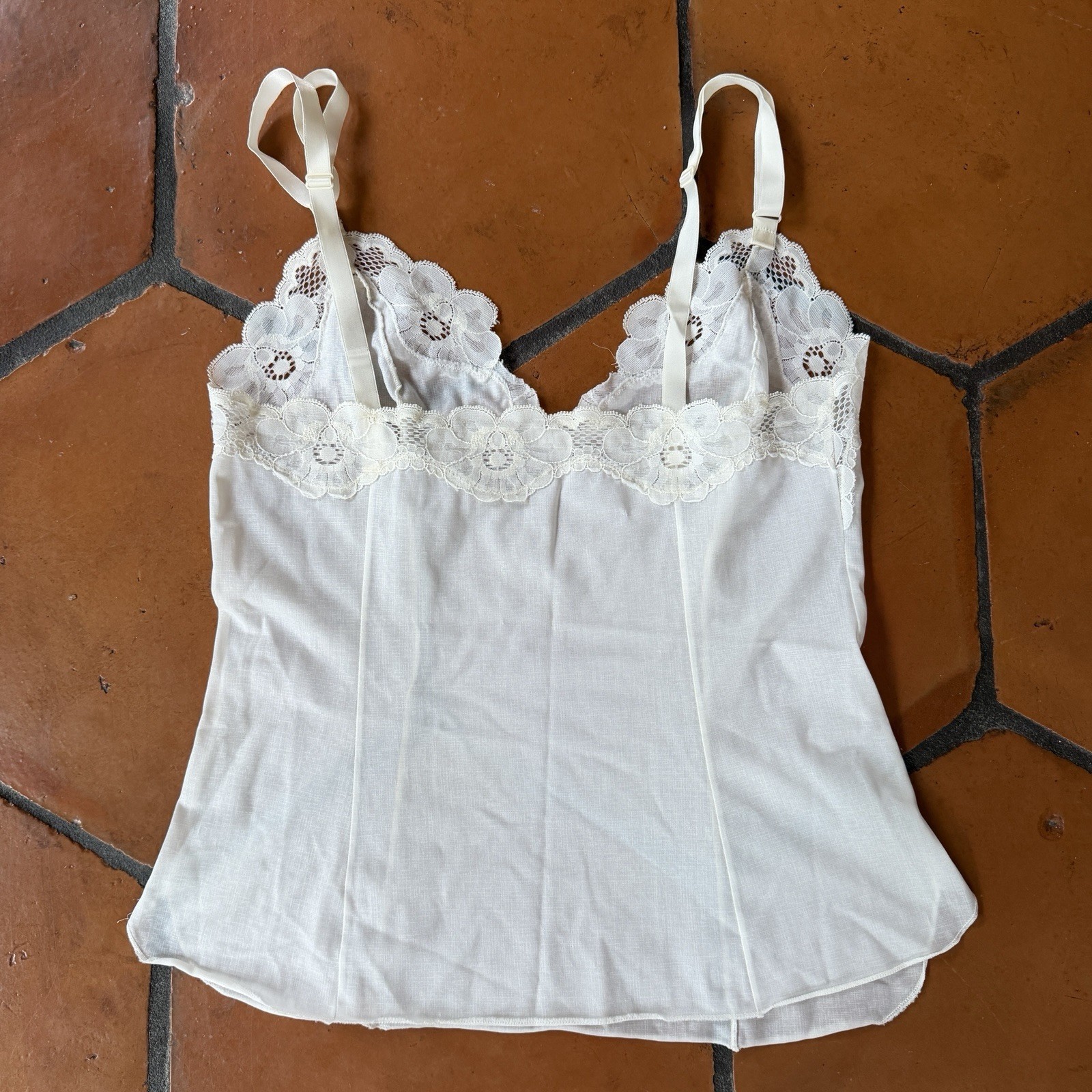 Vintage 60s Ivory Camisole Nylon Cotton Floral Lace Small Feminine Going Out Top