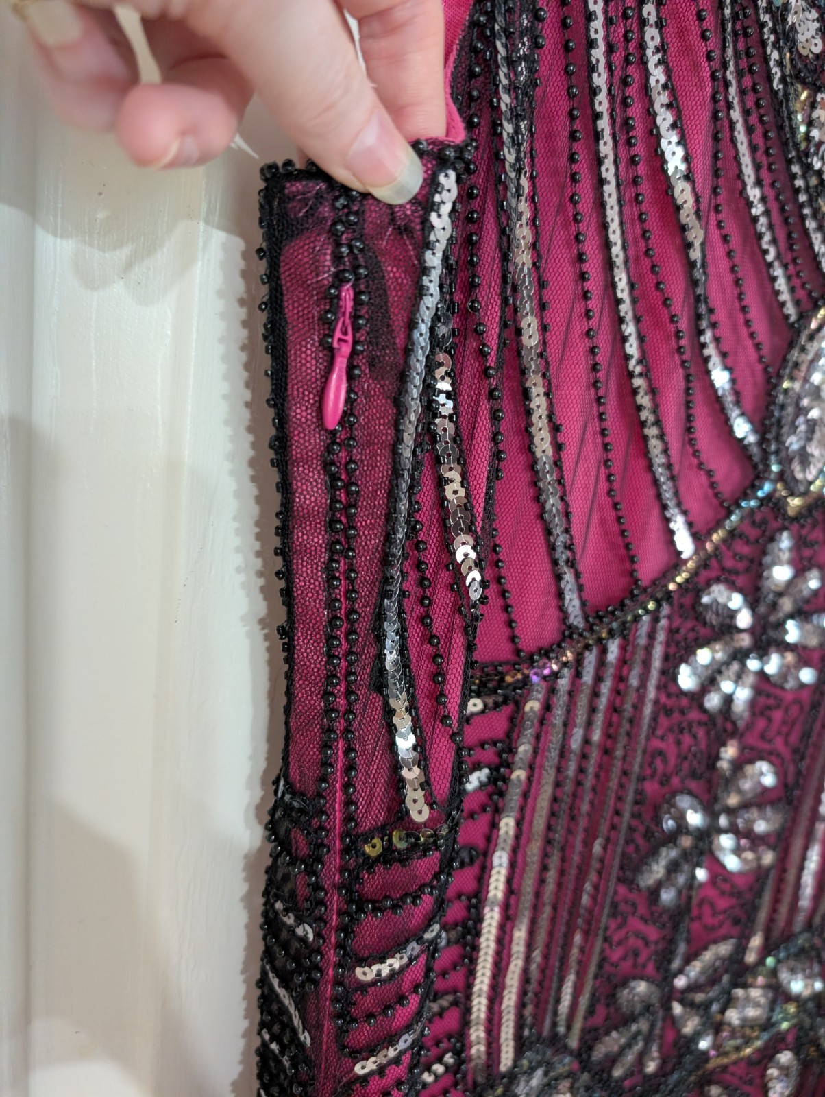 1920s Flapper Great Gatsby Dress, Costume V-Neck Sequin Beaded Sz XXL Black Pink
