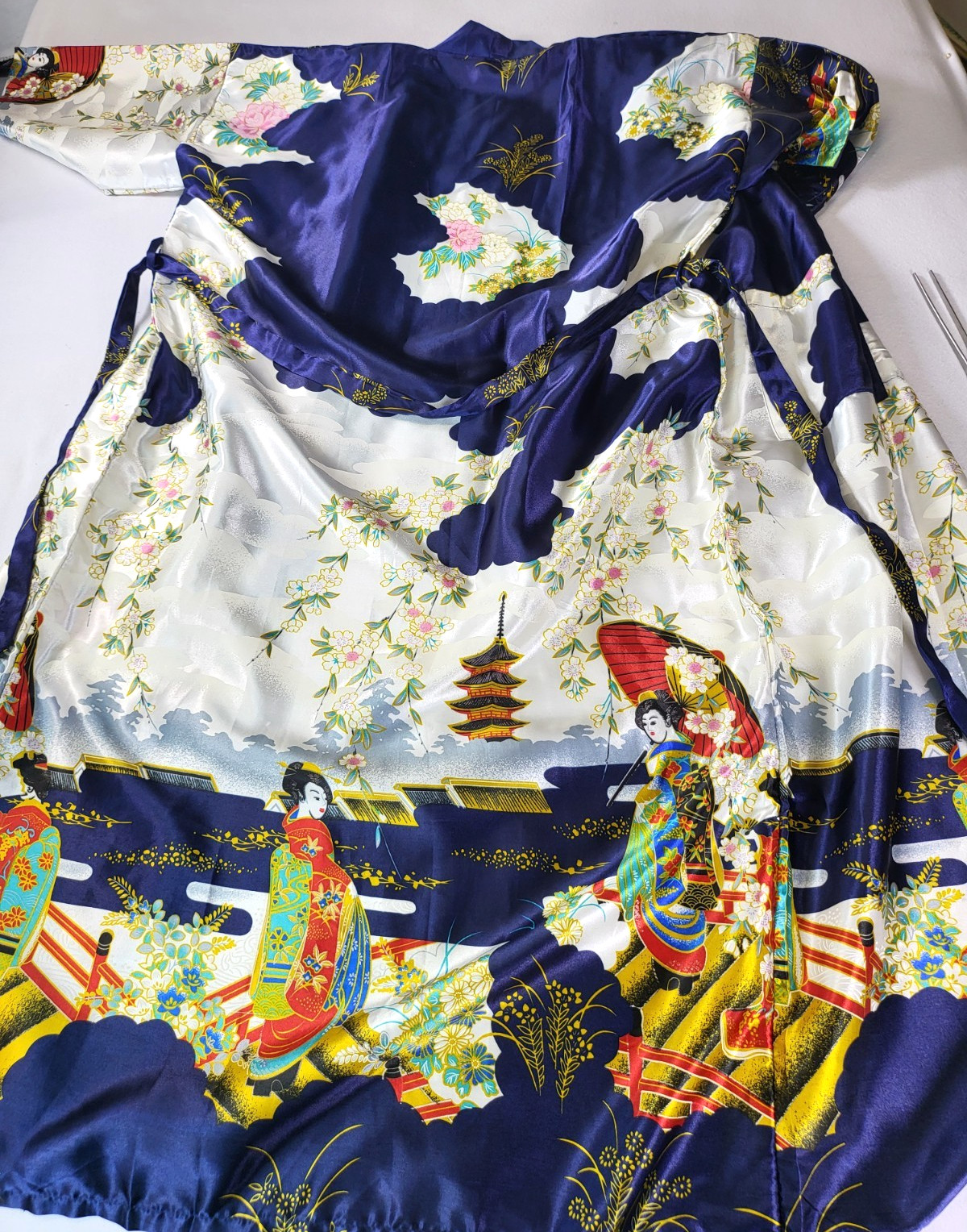 VTG Silver Dragon De Oriental Classic Blue Kimono Robe Geisha Womens XXL
