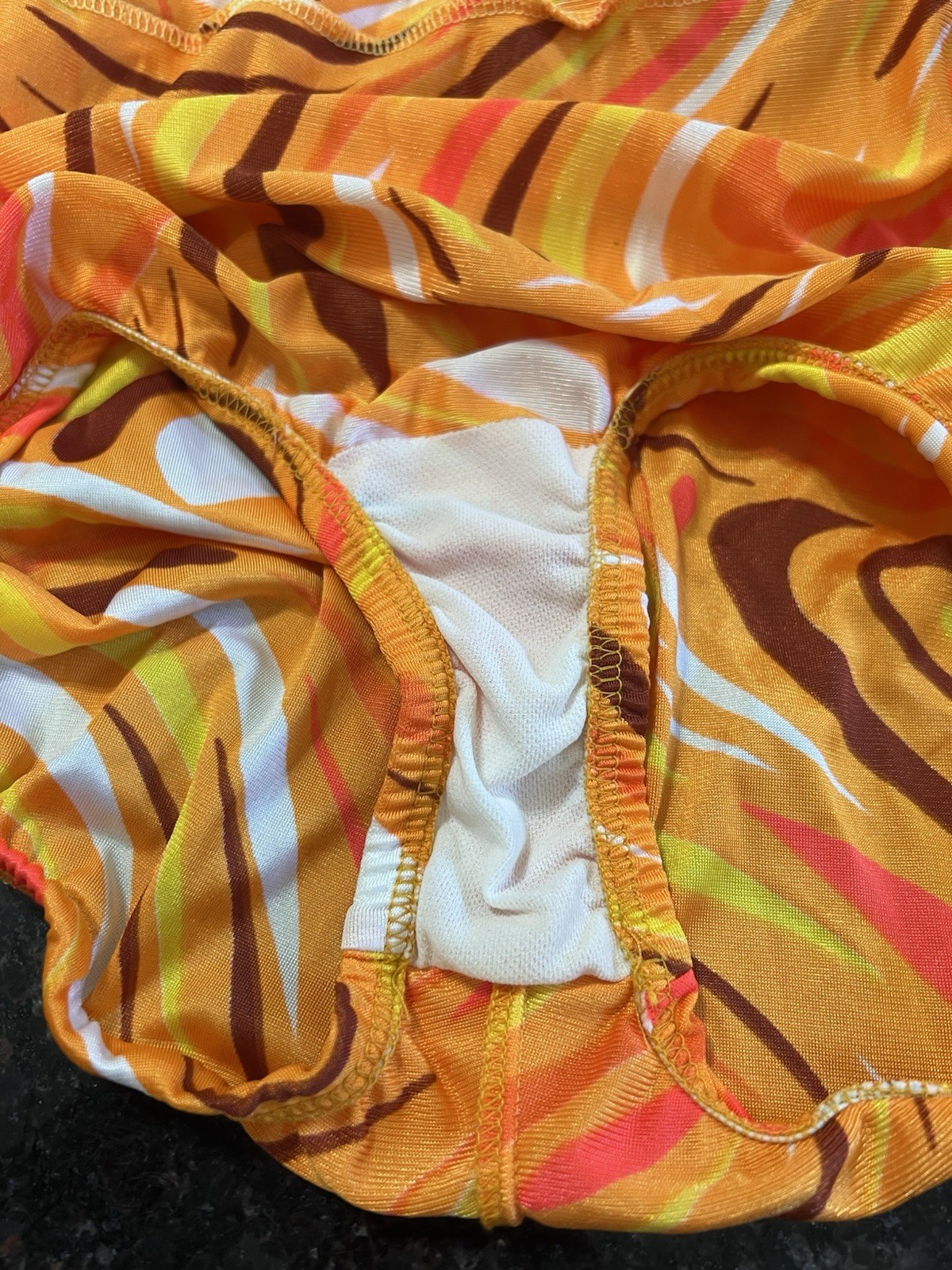 VTG 60s Union Made Abstract Orange Yellow & Brown Skirt Cover Swim Suit Med