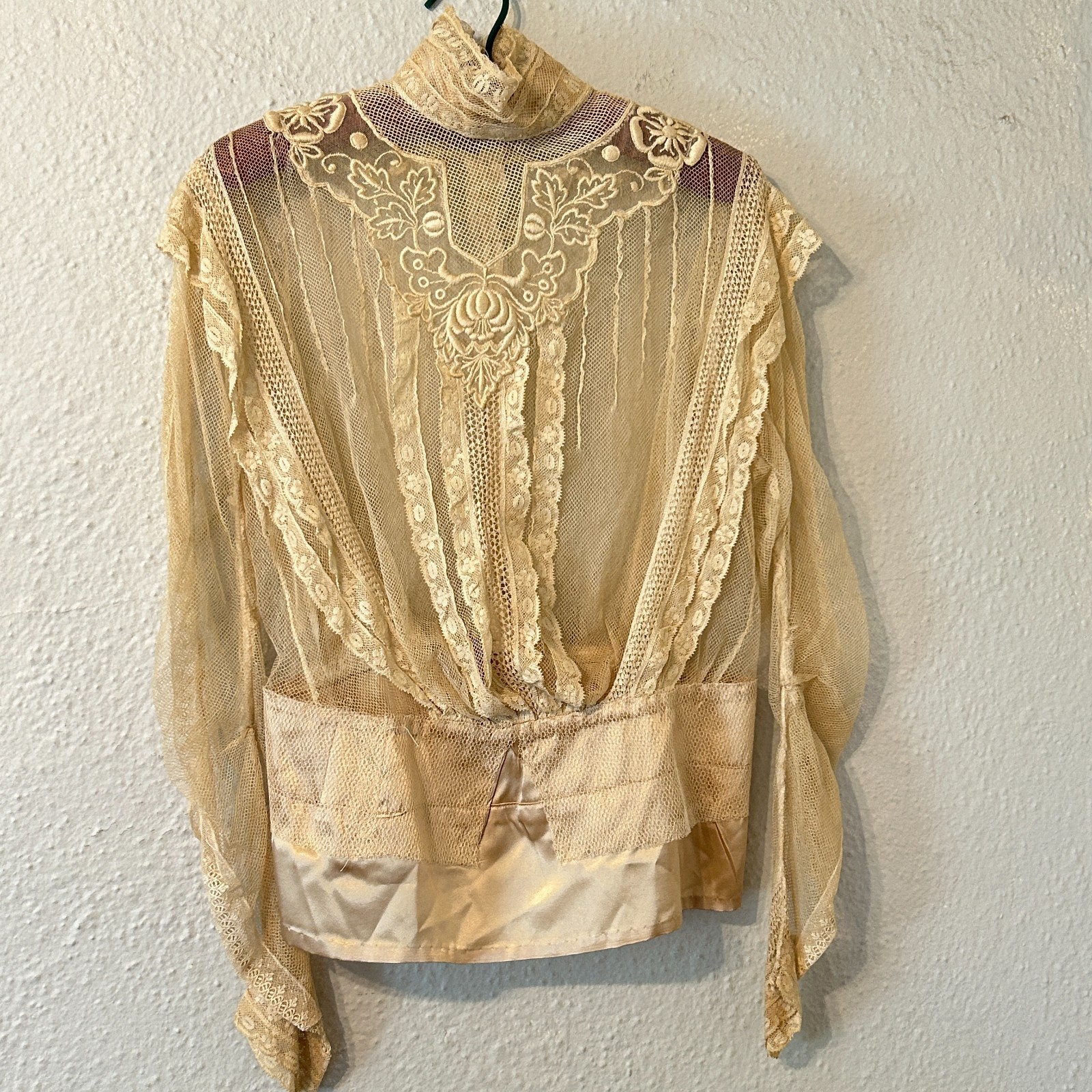 Antique 1800s Victorian Romantic Edwardian Blouse Sheer Net Lace Silk Bridal