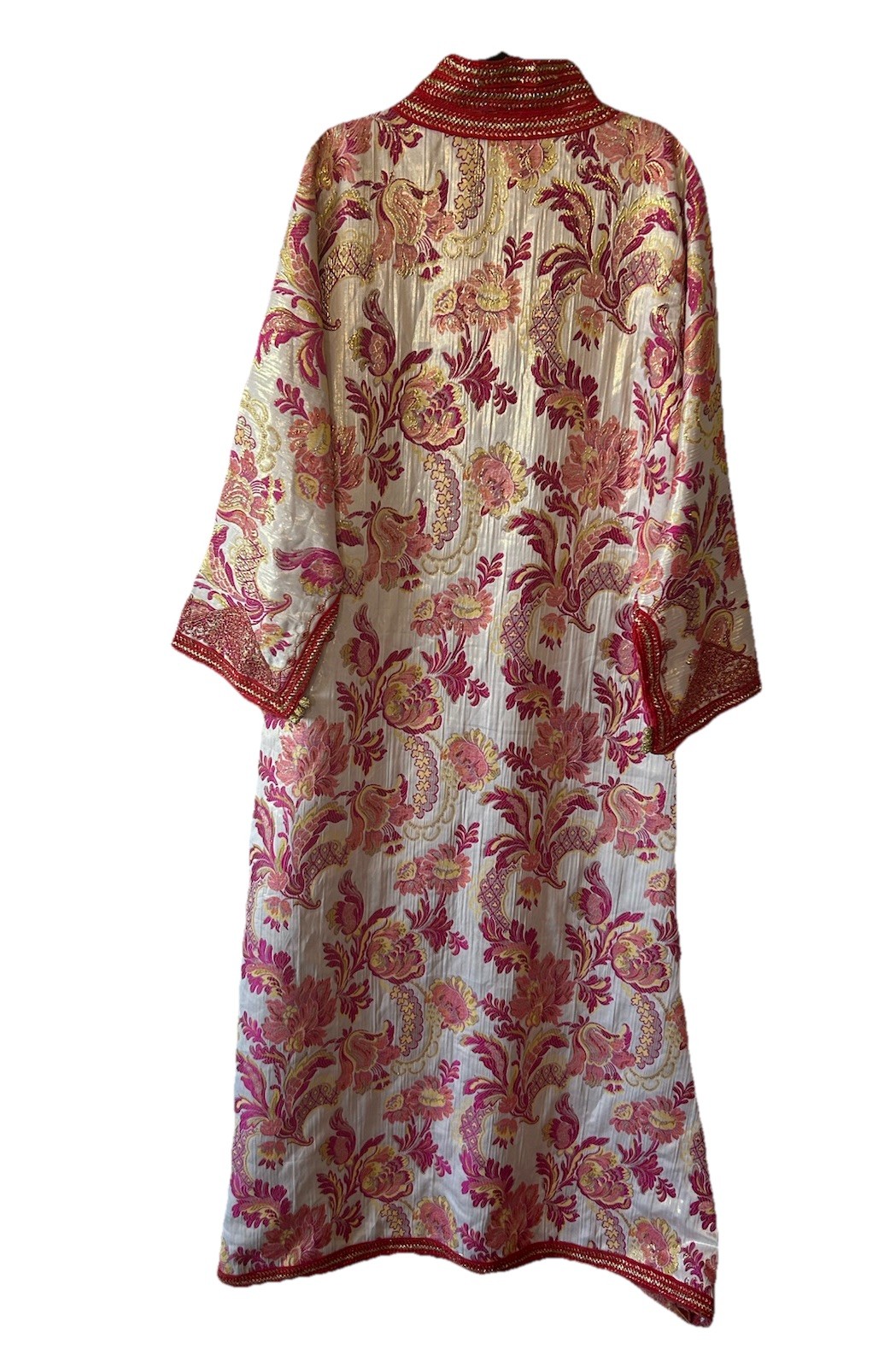 Vintage 1970’s Moroccan Brocade Kaftan Maxi Dress Pink Gold Embroidered L/XL