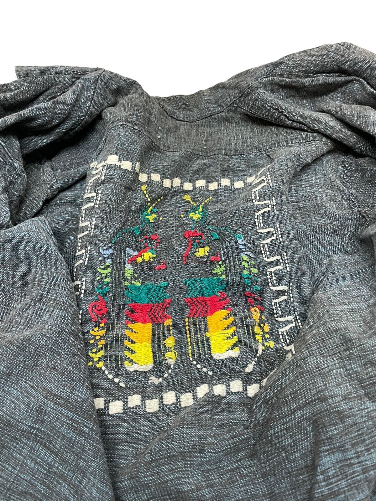 Vintage Chambray Denim Shirt Jacket Embroidered BIRDS Pockets Button Down