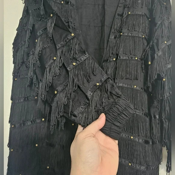 Vintage Black Studded All Over String Fringe Jacket Made in Nepal Size Large