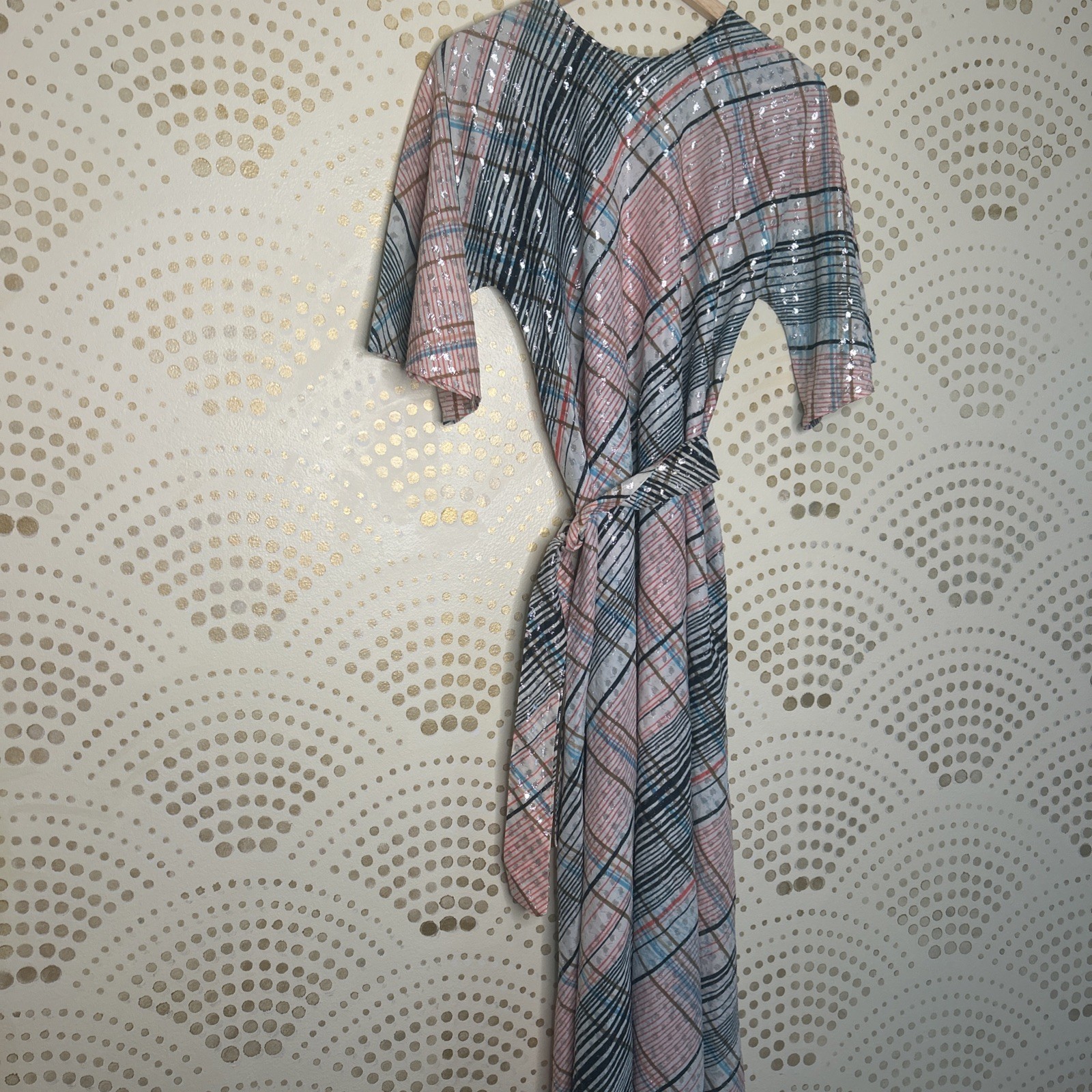 Vintage 60s 70s LARGE Sparkle Stripe Belted Maxi Dress NEW Pocket Short Bell
