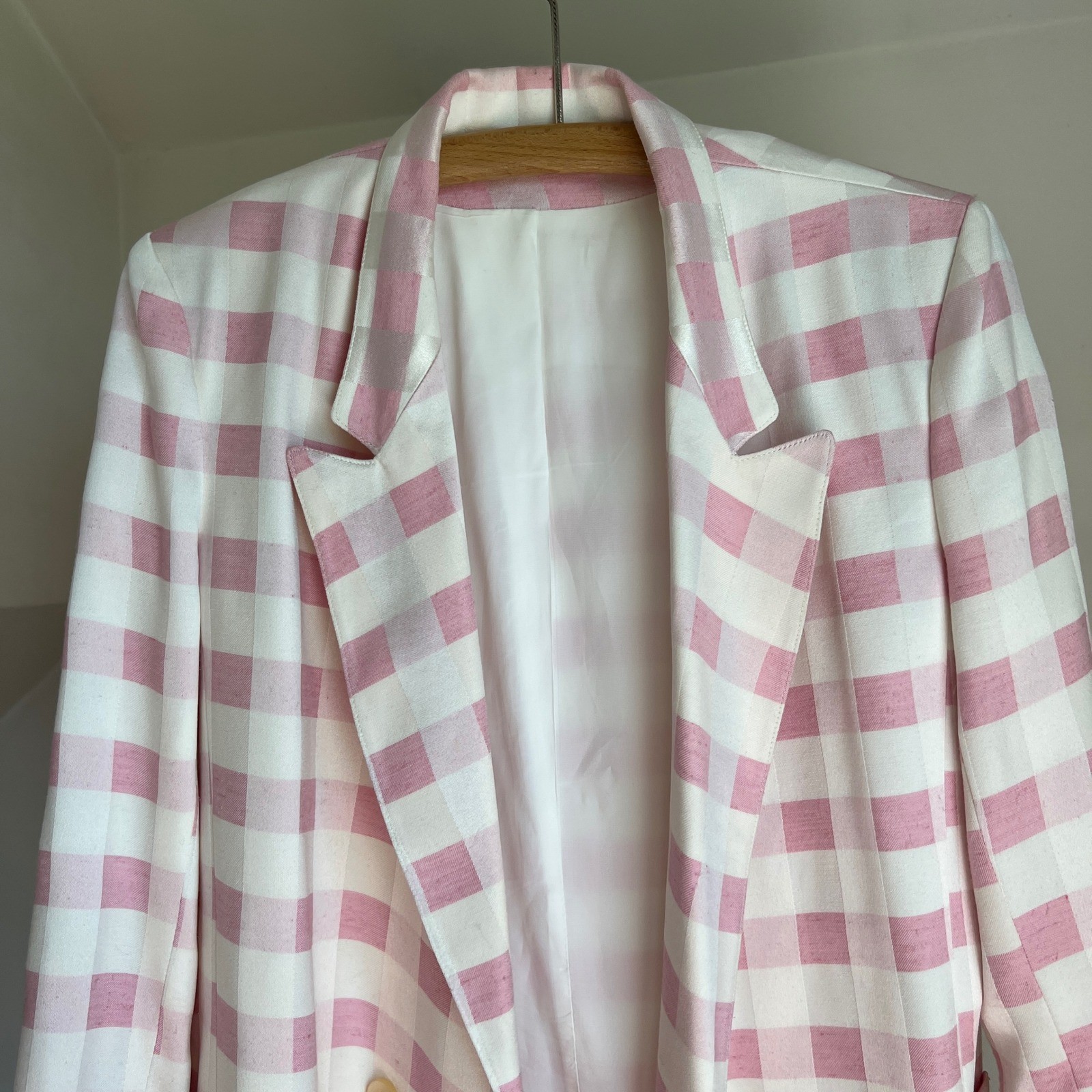 Vintage 1980s Blazer Pink White Gingham Check Double Breasted Jacket Avant Garde
