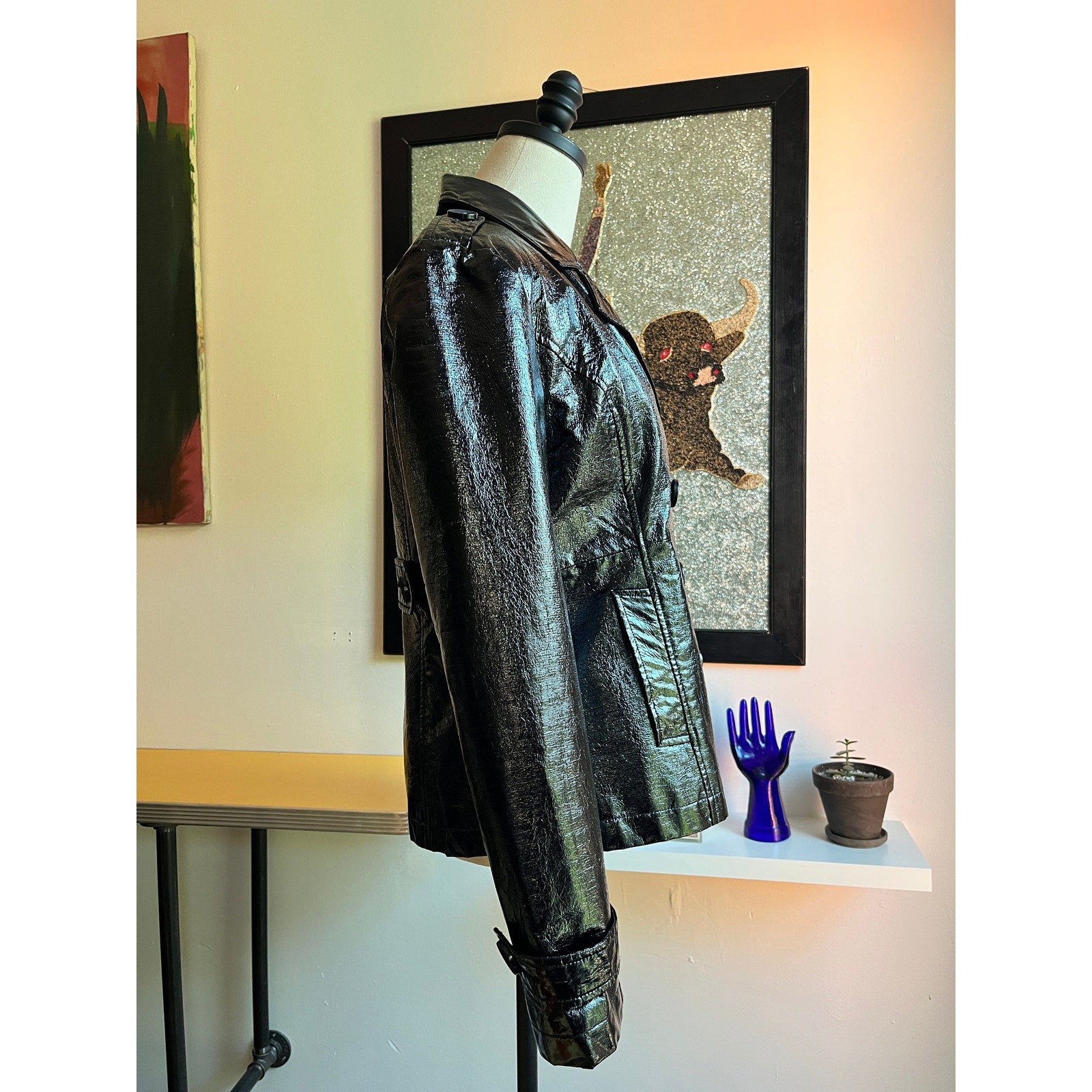 Vintage Y2K Black Vinyl Jacket | Double Breasted Moto | Cropped Tailored Fit | S