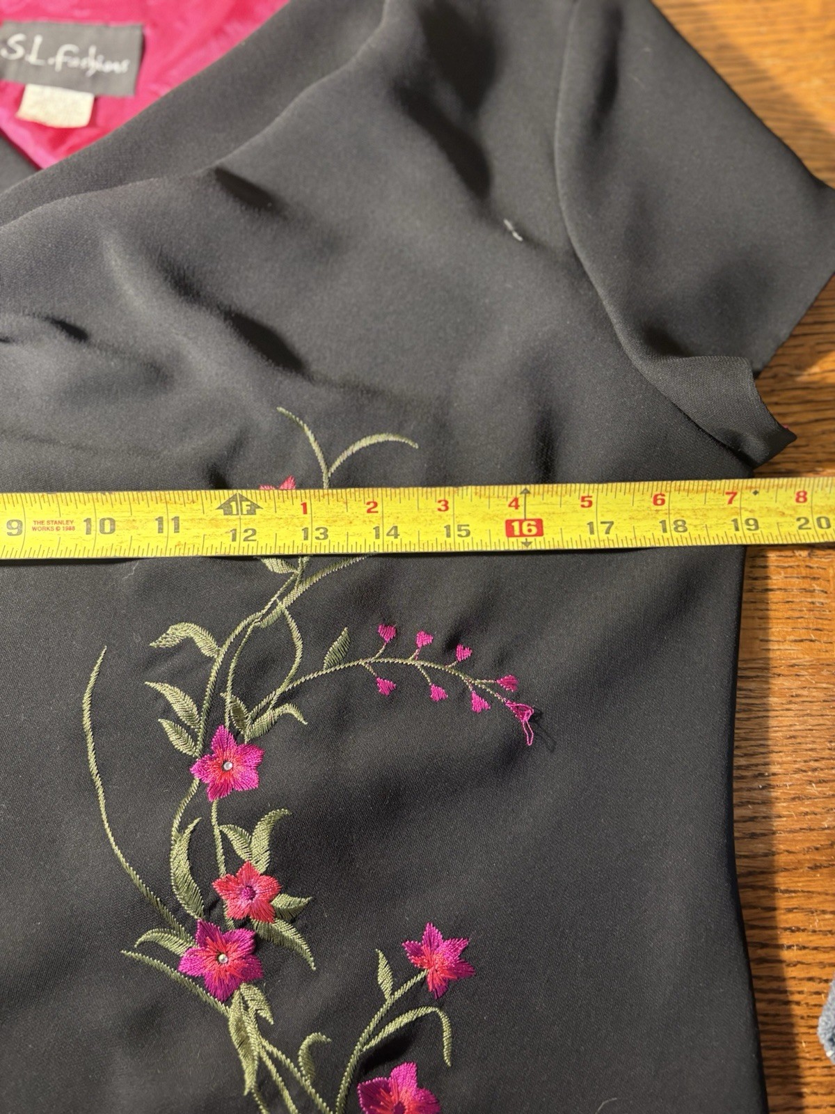 Vtg black SL Fashions polyester lined embroidered floral top, Made in USA, 12