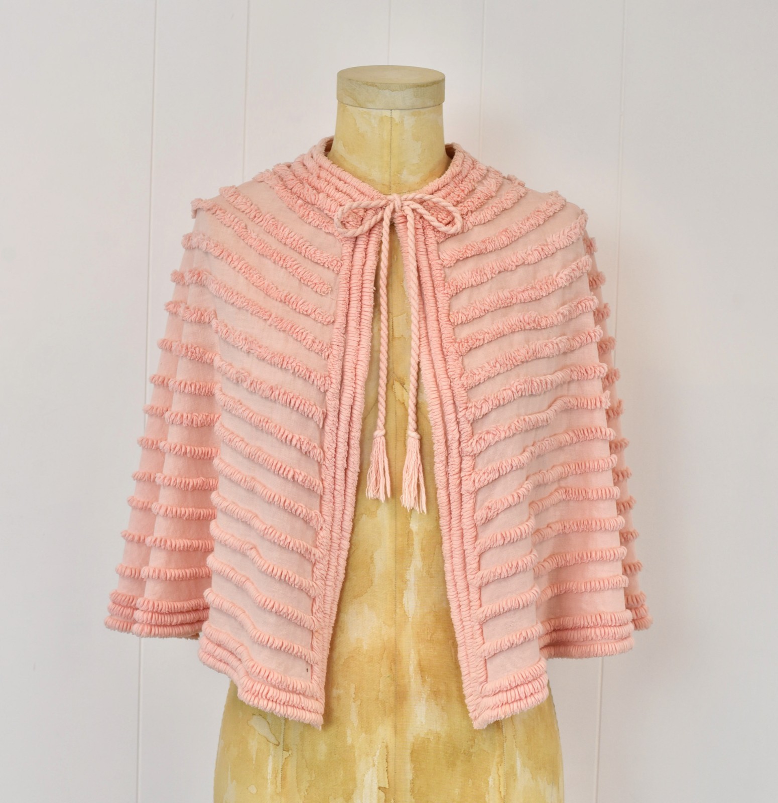 Vtg 1930s 40s Pink Chenille Beach Cape Wrap Cover Up