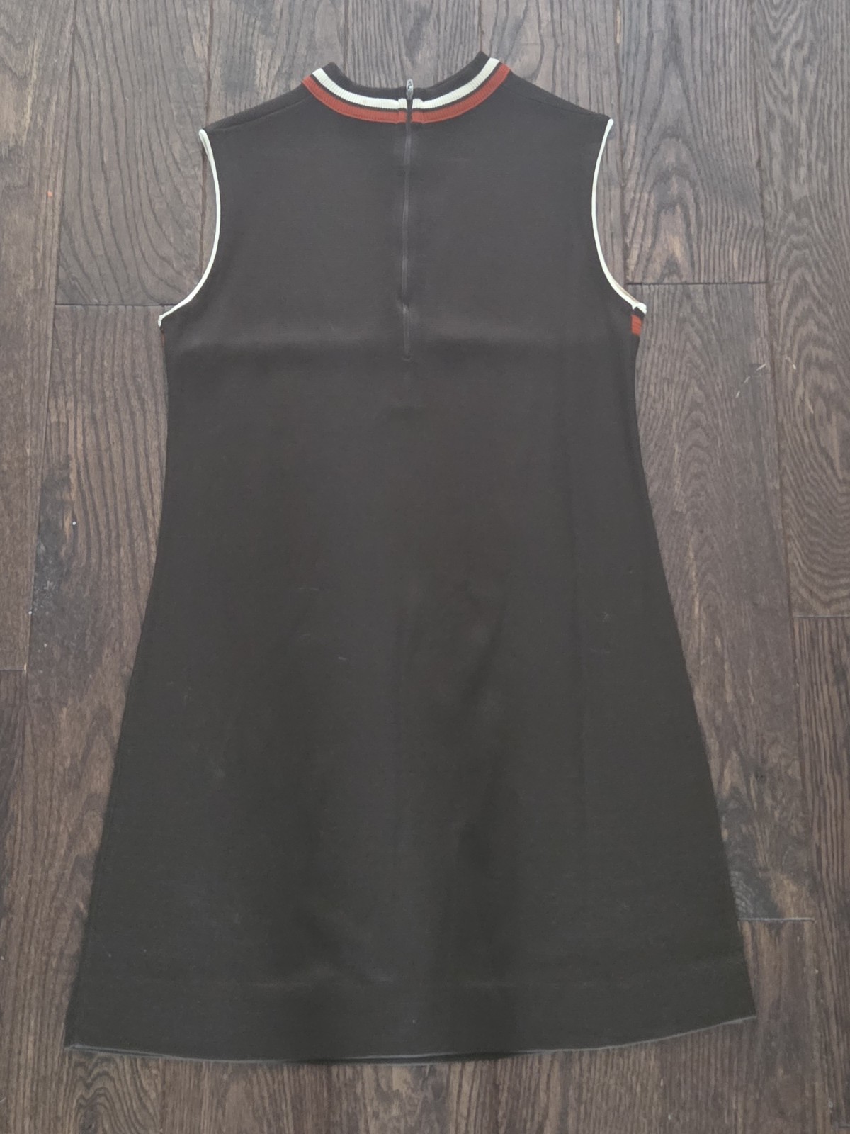 🤎Vintage Brown Sleeveless Knit Shift Dress Orange White Stripe Quarter Zip Mod