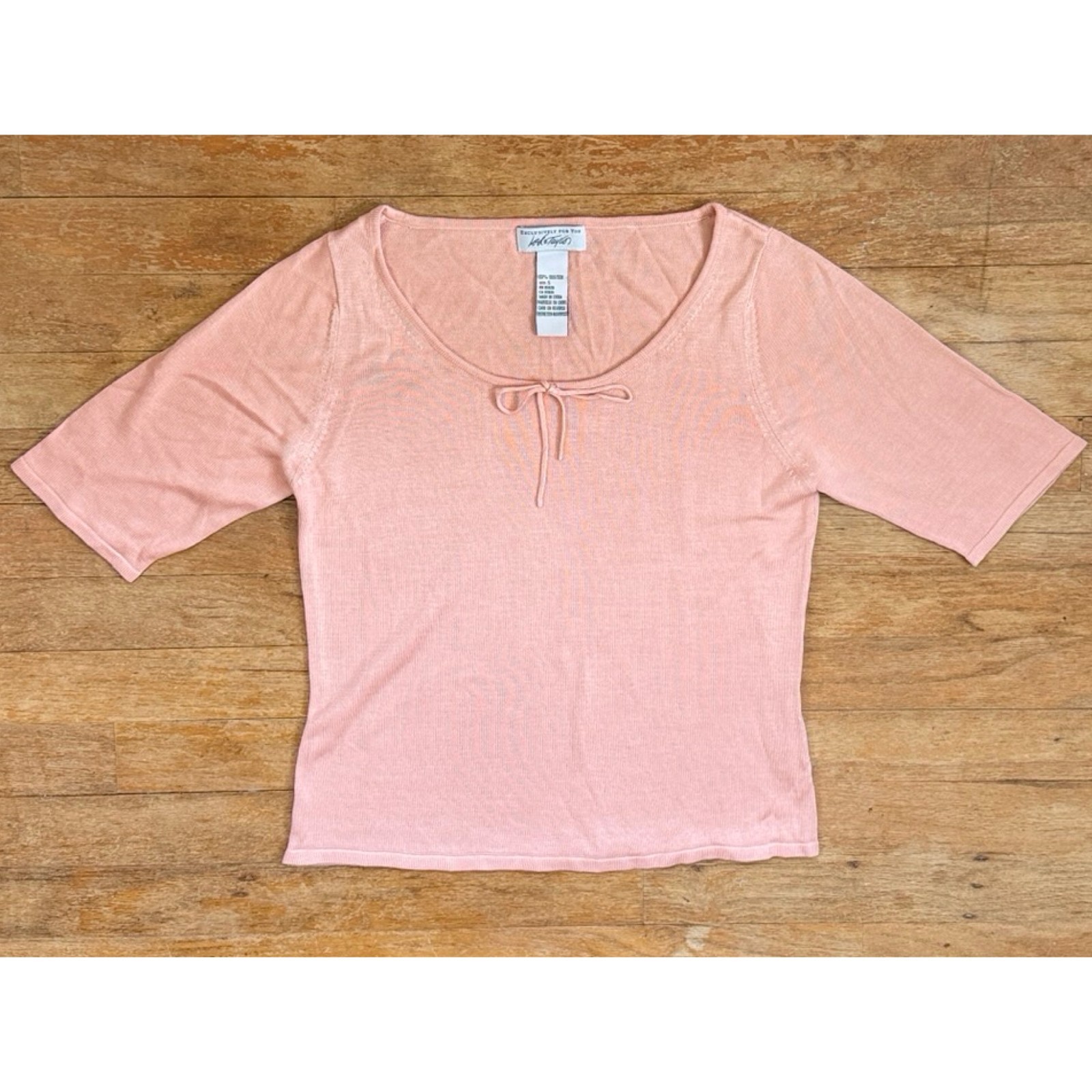 Vintage Knit Silk Top Womens Size Small 90s Pastel Orange Cropped Shirt Bow