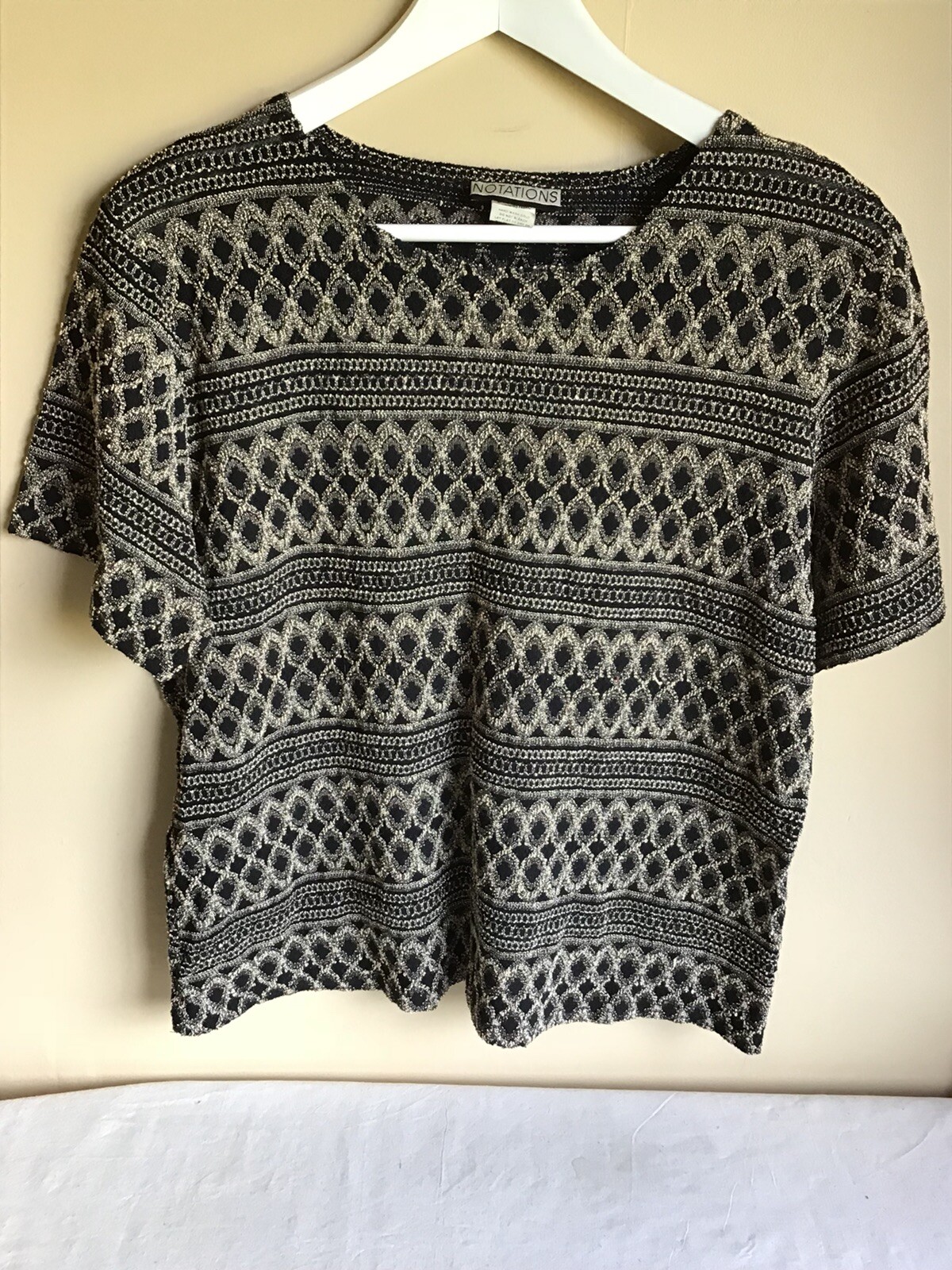 Vintage Womens Black And Gold Short Sleeve Top Notations USA Xl