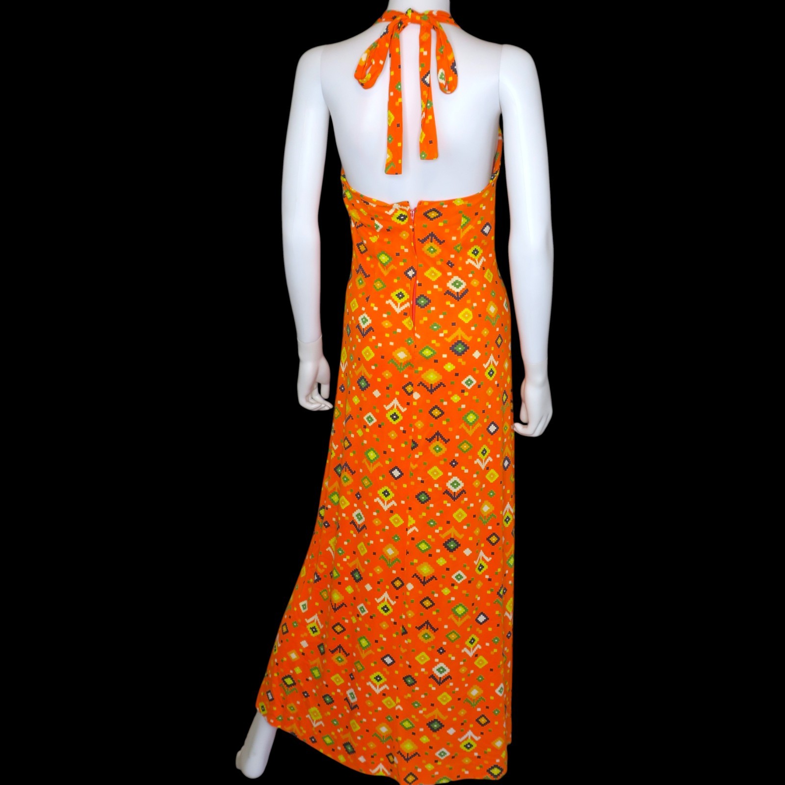 Vintage 70s Sears JR Bazaar Halter Maxi Dress Multicolor Hawaiian Mod Women&rsquo;s SM