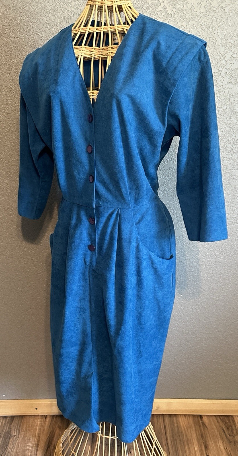 Vintage 80s Blue Button Up Fitted Dress Sz 14 Secretary Lightweight USA Office